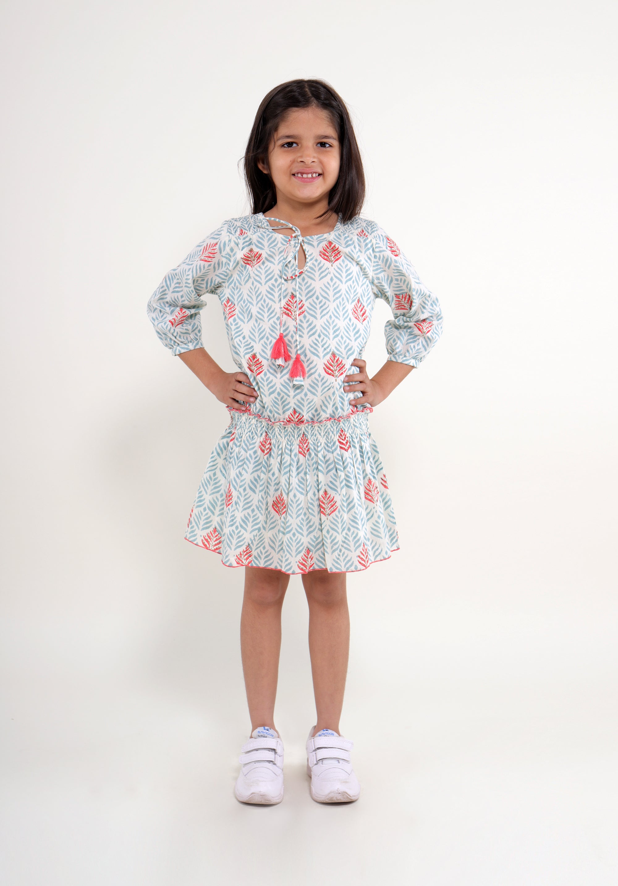 Girl's Block printed Dress Mary Leaf Blue