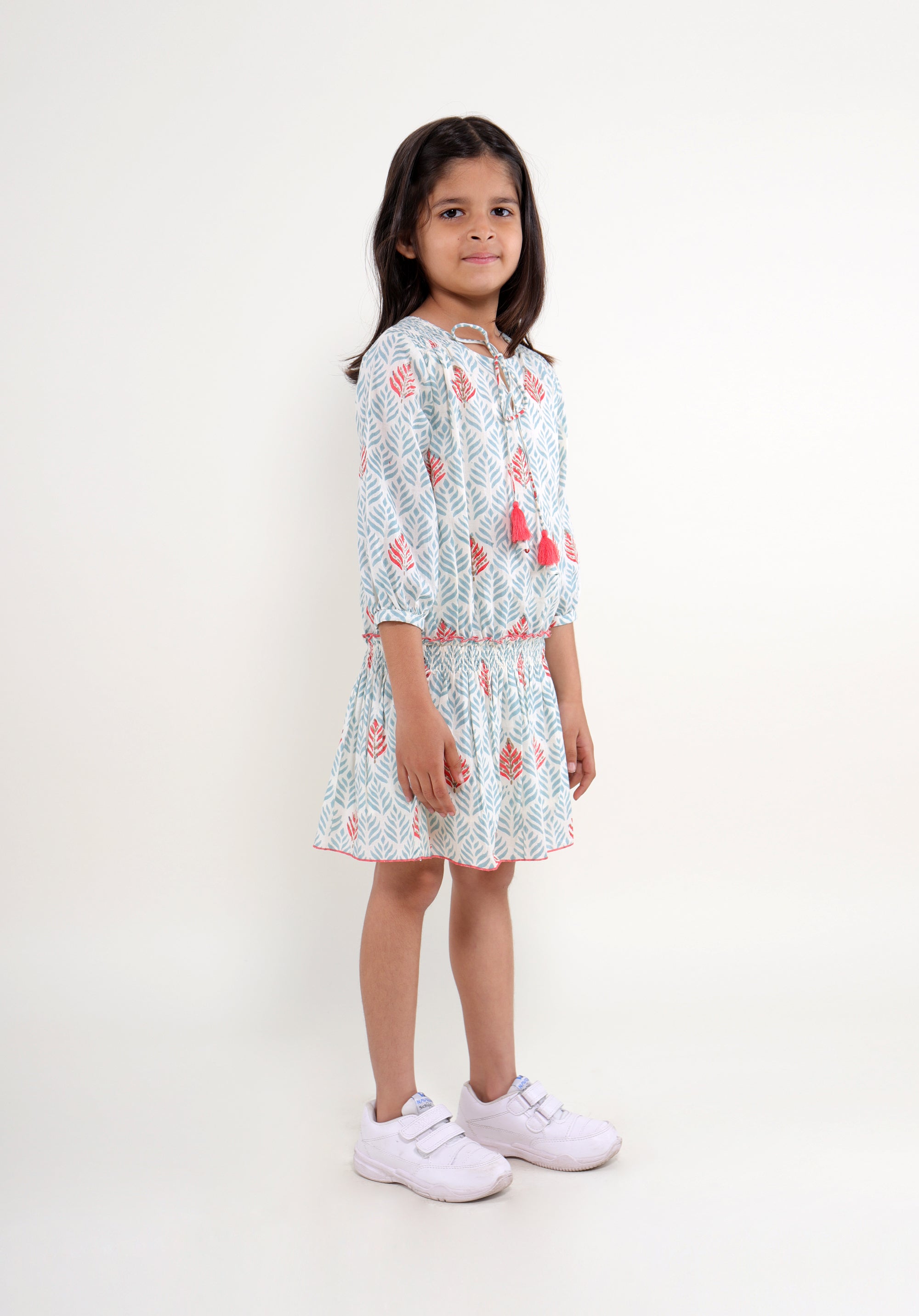 Girl's Block printed Dress Mary Leaf Blue