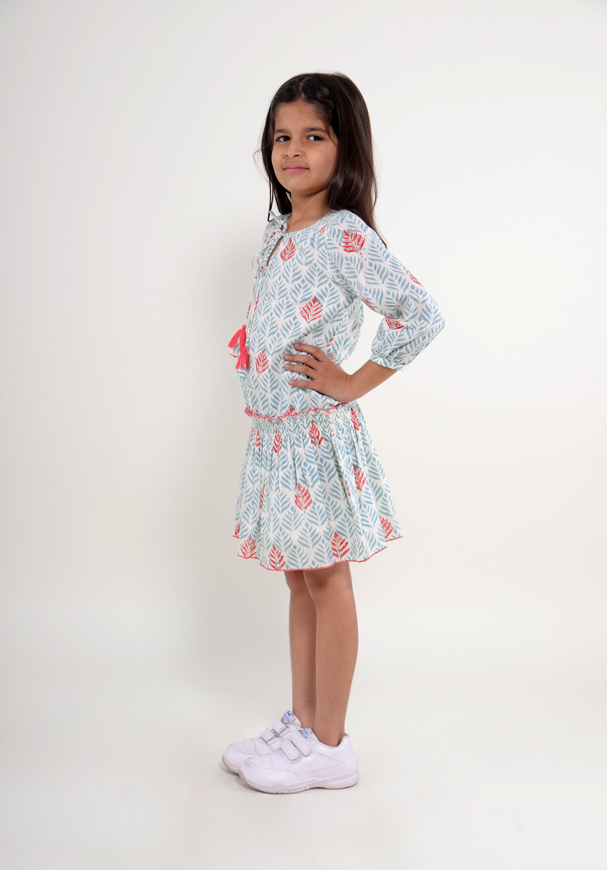 Girl's Block printed Dress Mary Leaf Blue