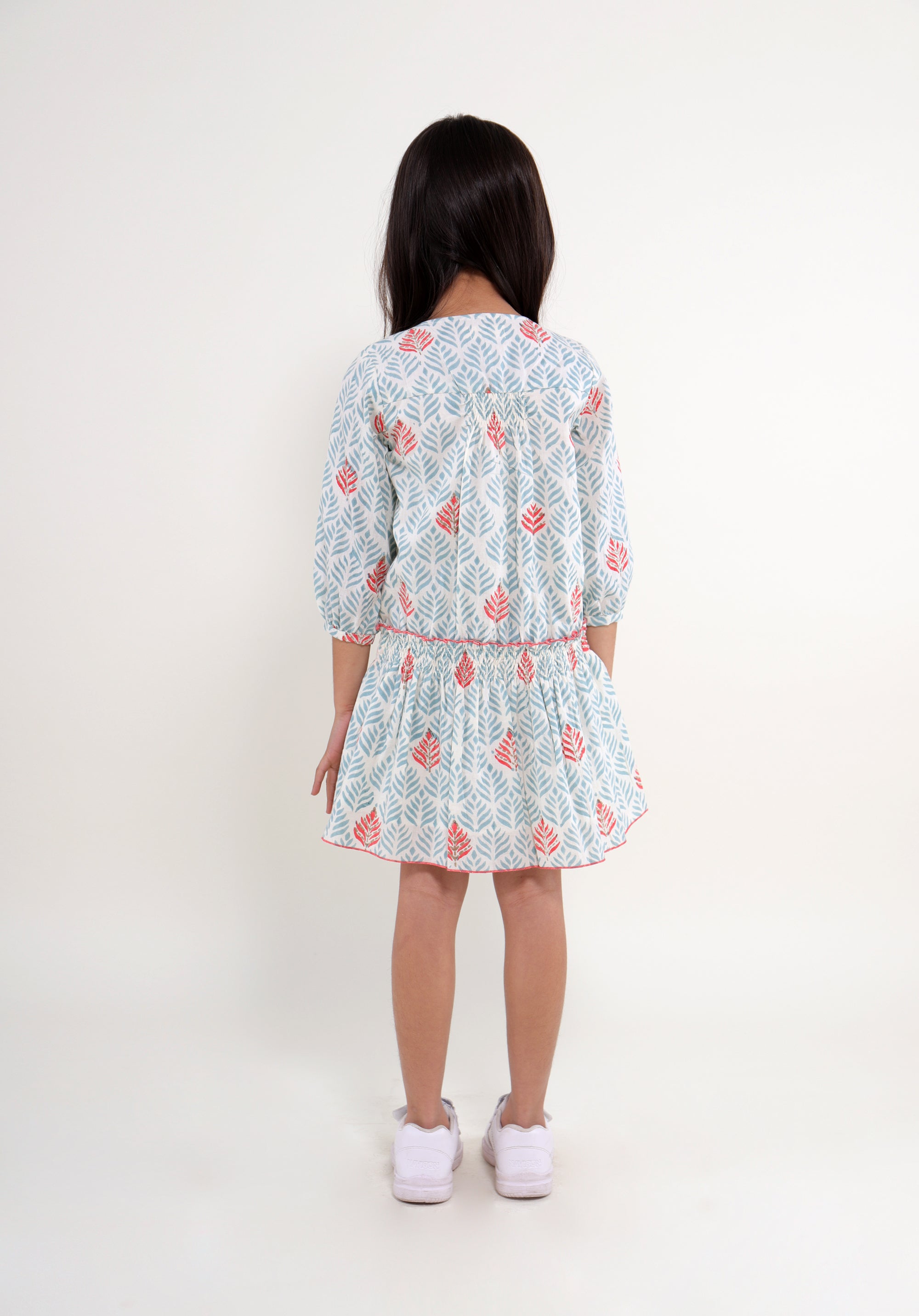 Girl's Block printed Dress Mary Leaf Blue