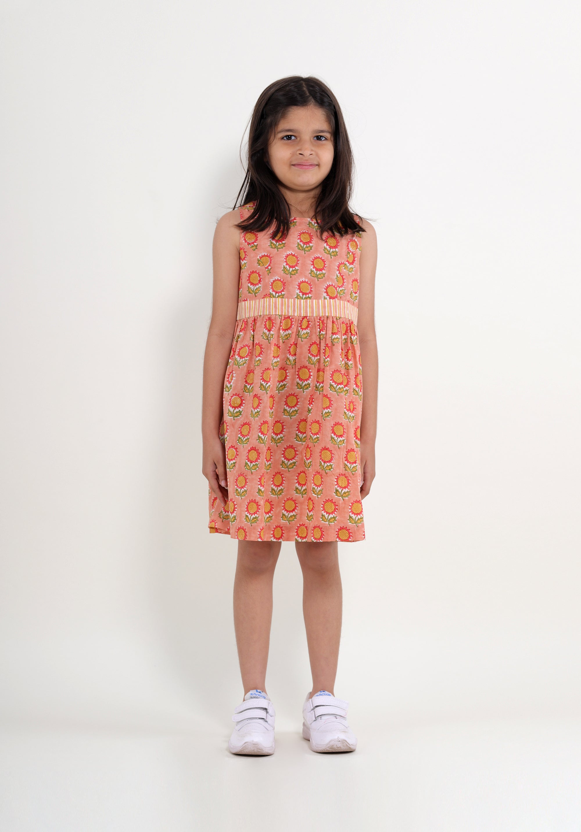 Girl's Block printed Fit and Flare Dress Garden Sunflower Peach