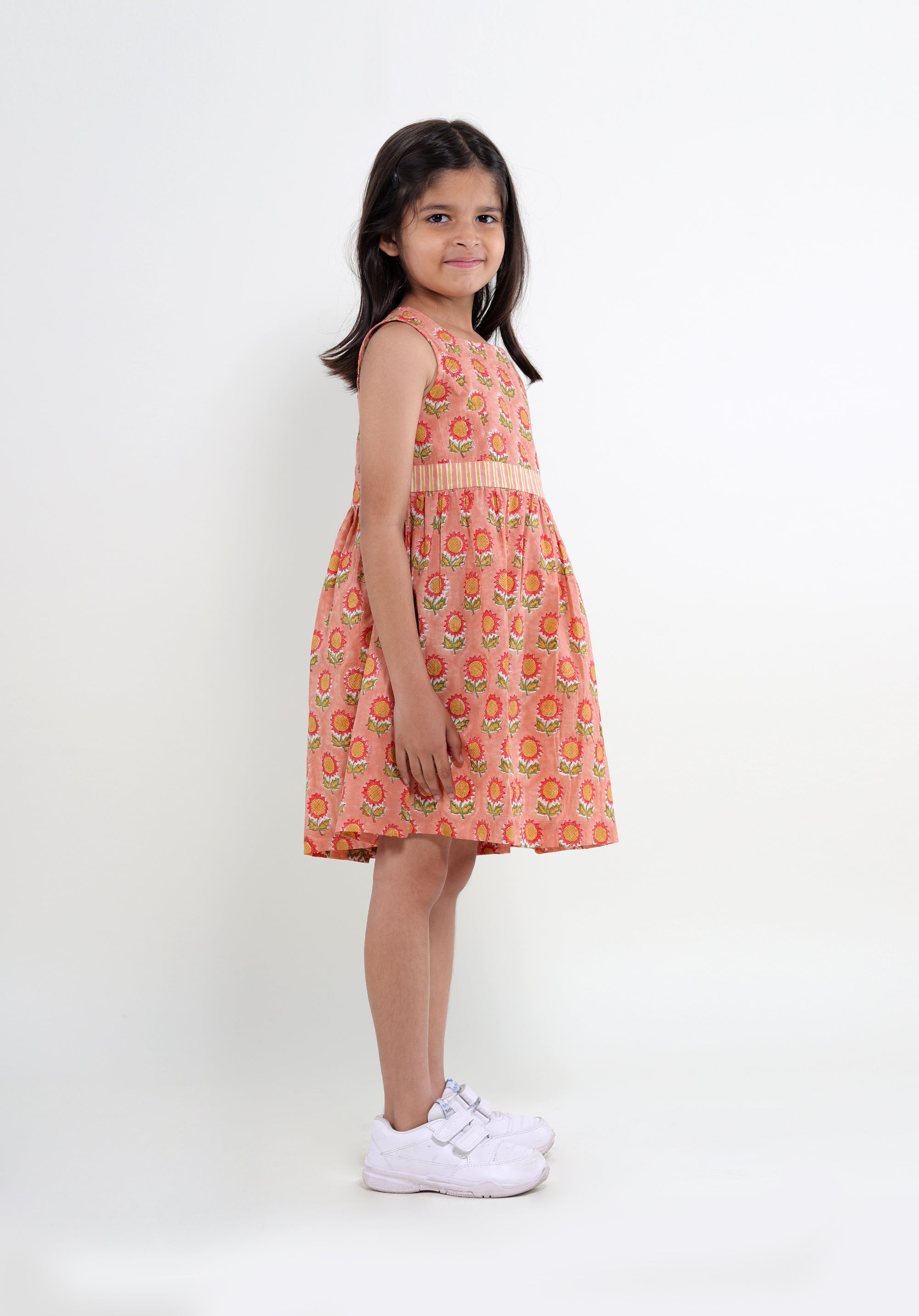 Girl's Block printed Fit and Flare Dress Garden Sunflower Peach