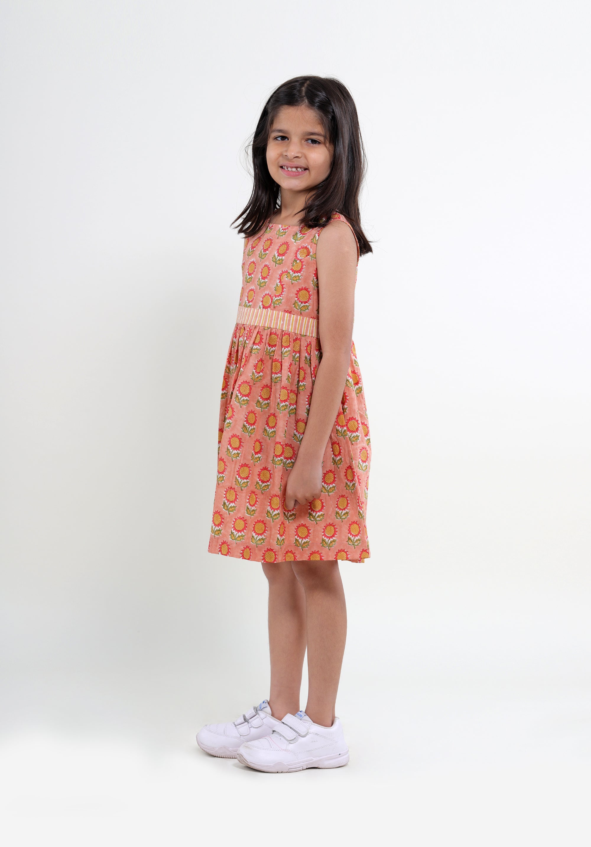 Girl's Block printed Fit and Flare Dress Garden Sunflower Peach