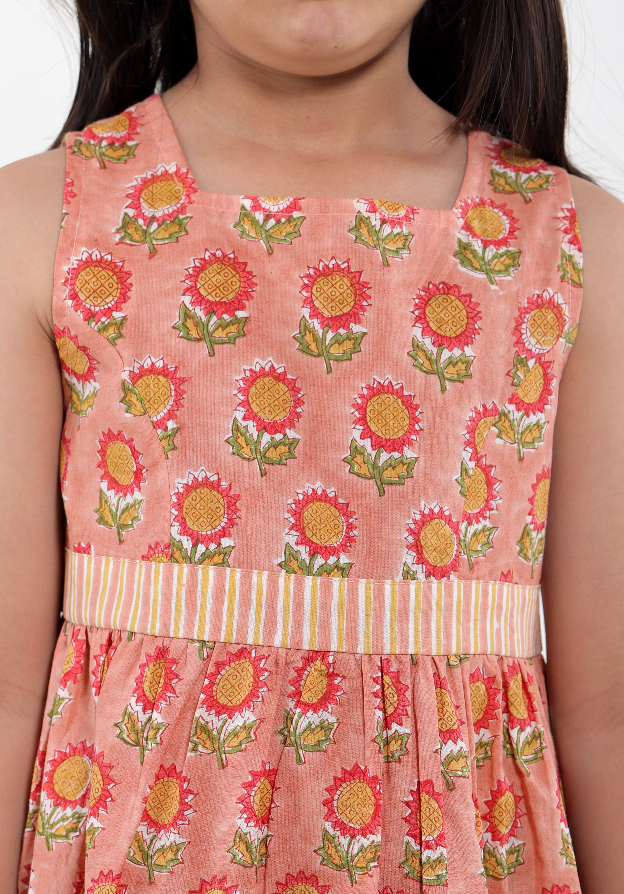 Girl's Block printed Fit and Flare Dress Garden Sunflower Peach