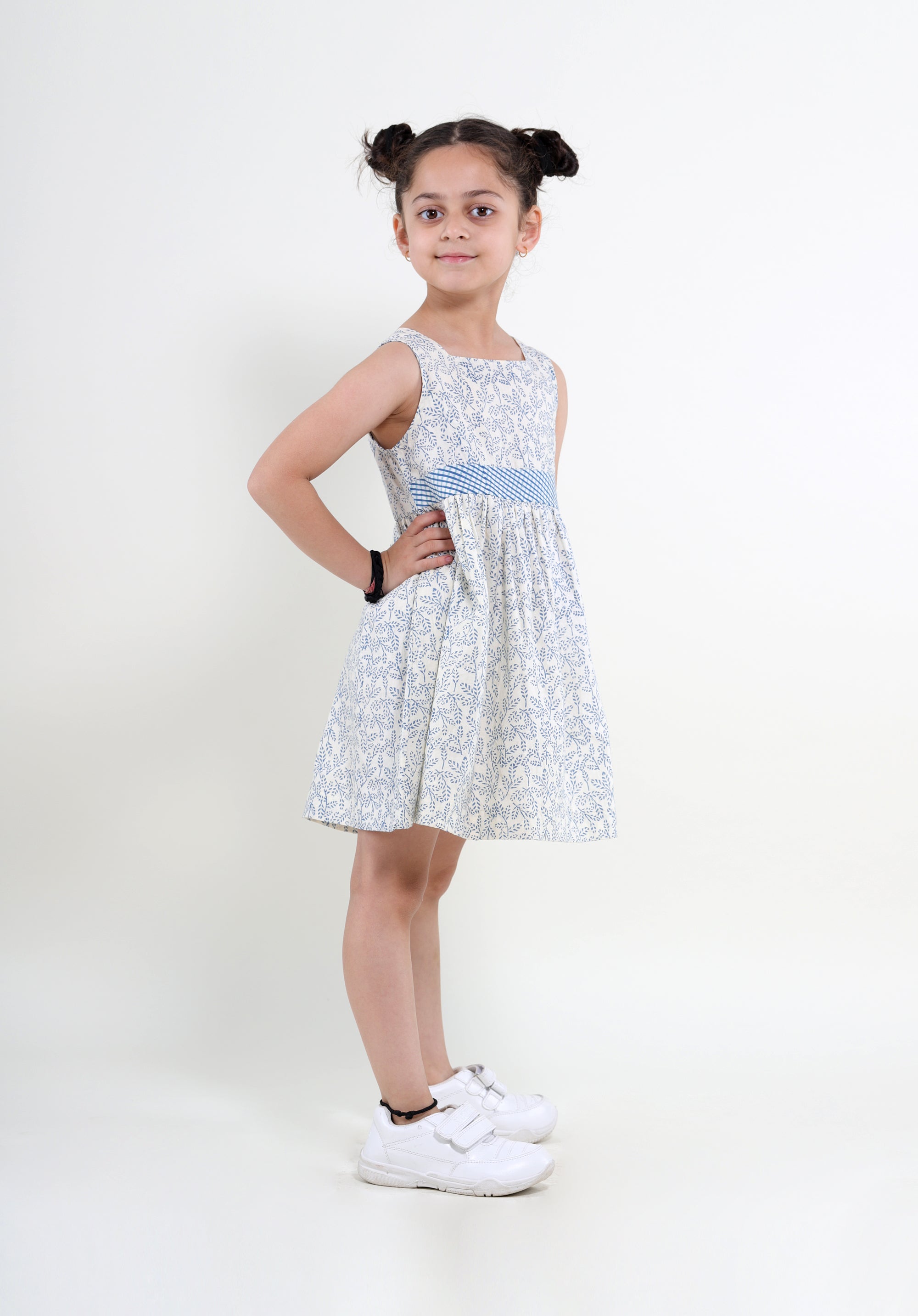 Girl's Block printed Fit and Flare Dress June Blue