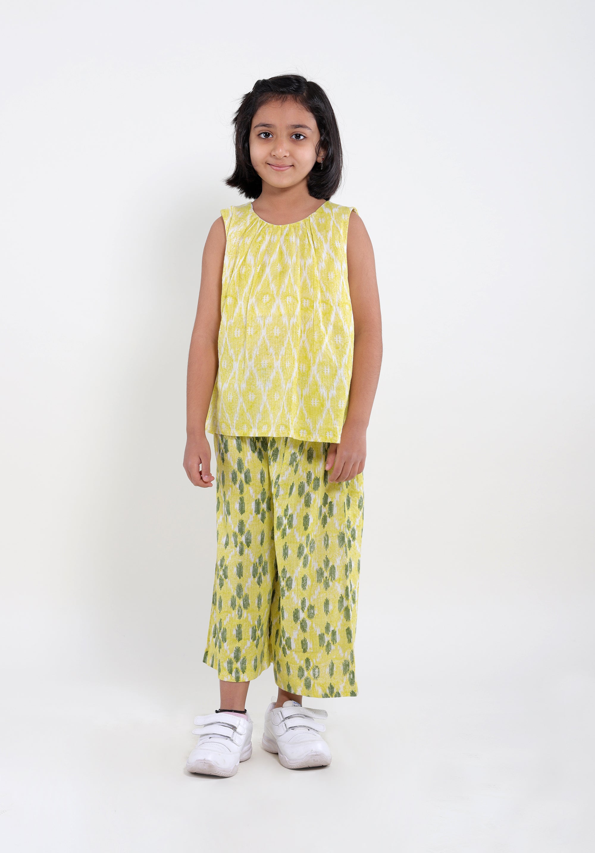 Girl's Co-Ord Set Ananya Top Pants Ikkat Kantha Yellow