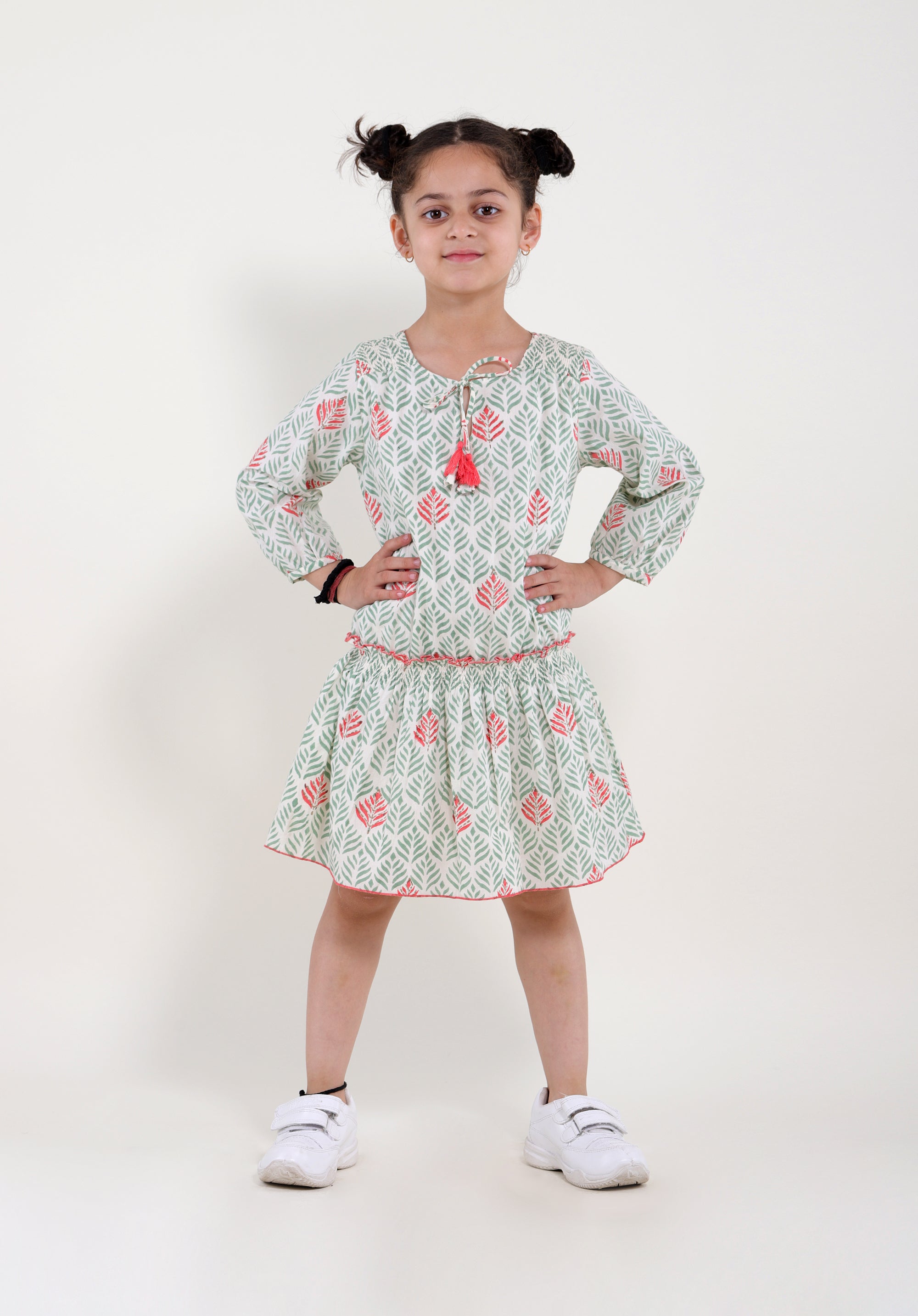 Girl's Block printed Dress Mary Leaf Green