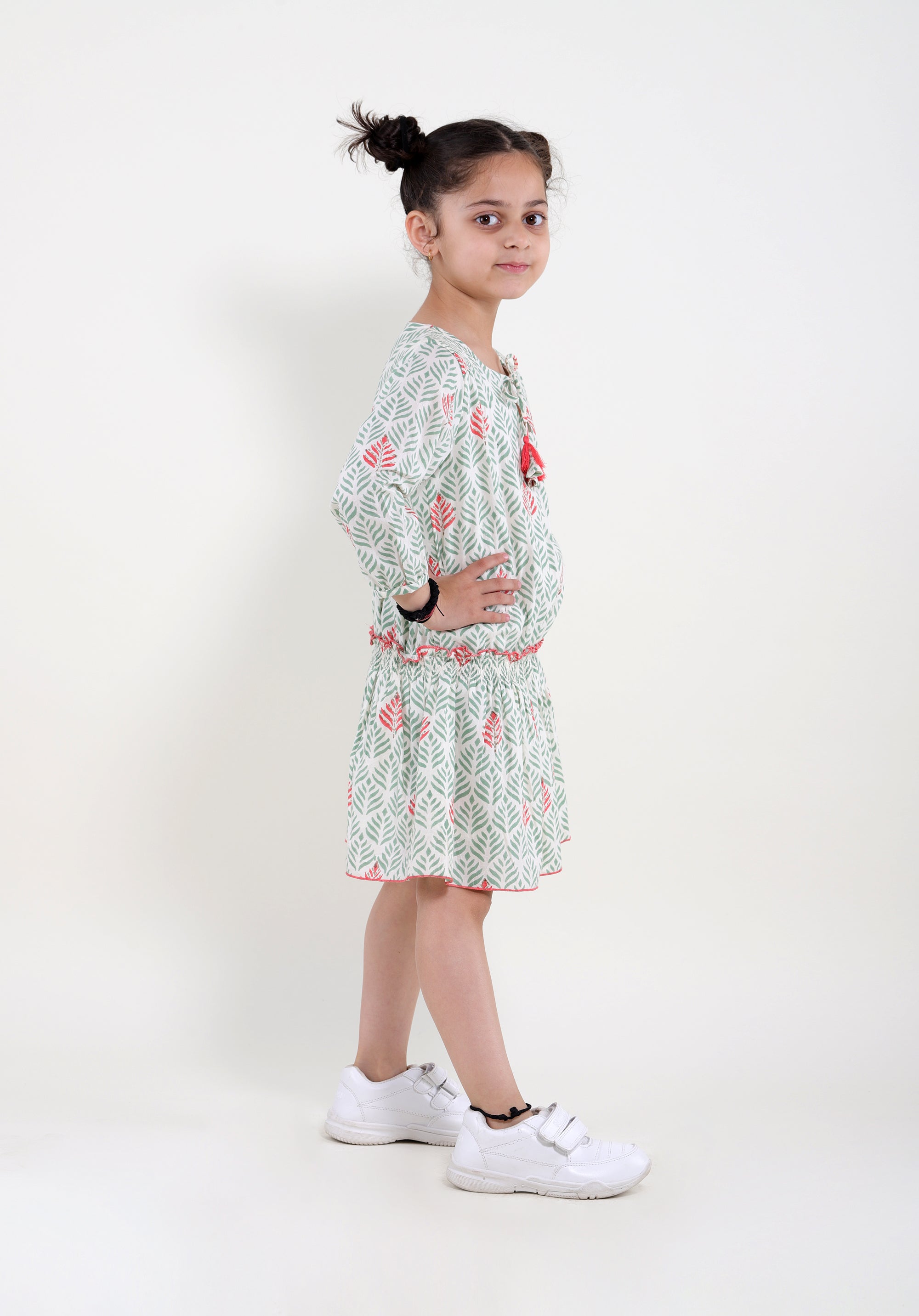 Girl's Block printed Dress Mary Leaf Green