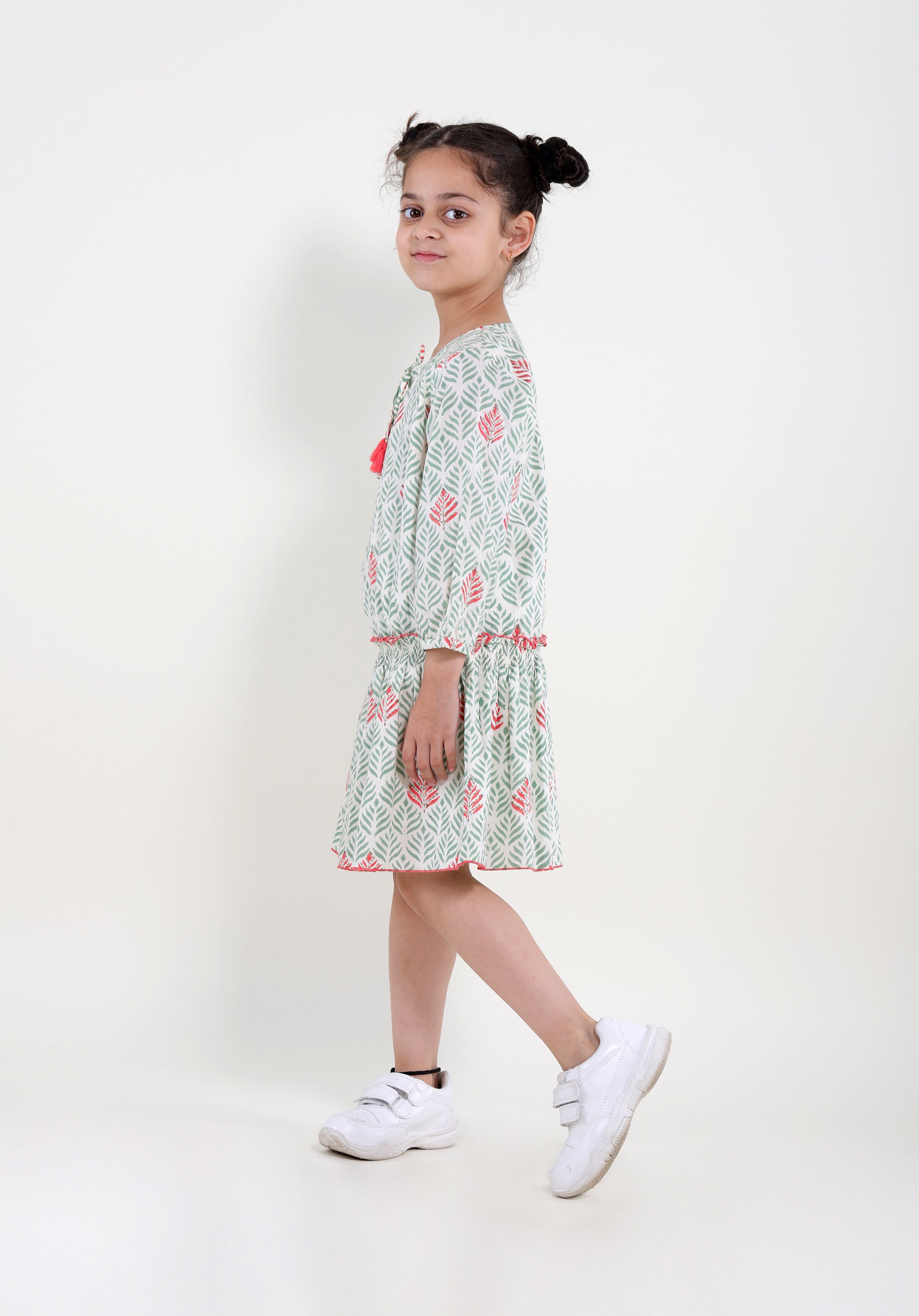 Girl's Block printed Dress Mary Leaf Green