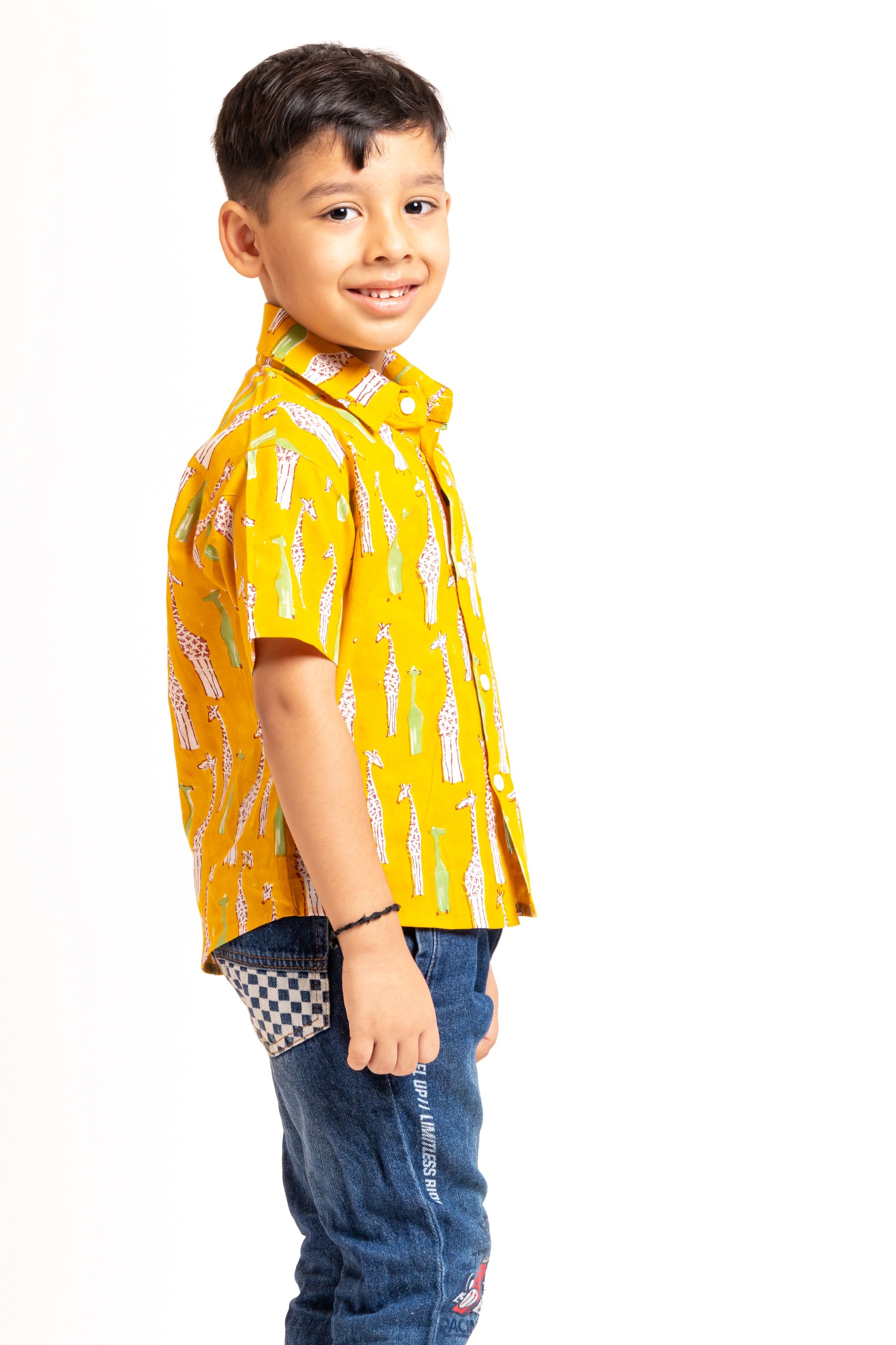 Block Printed Boy's Shirt Giraffe Yellow