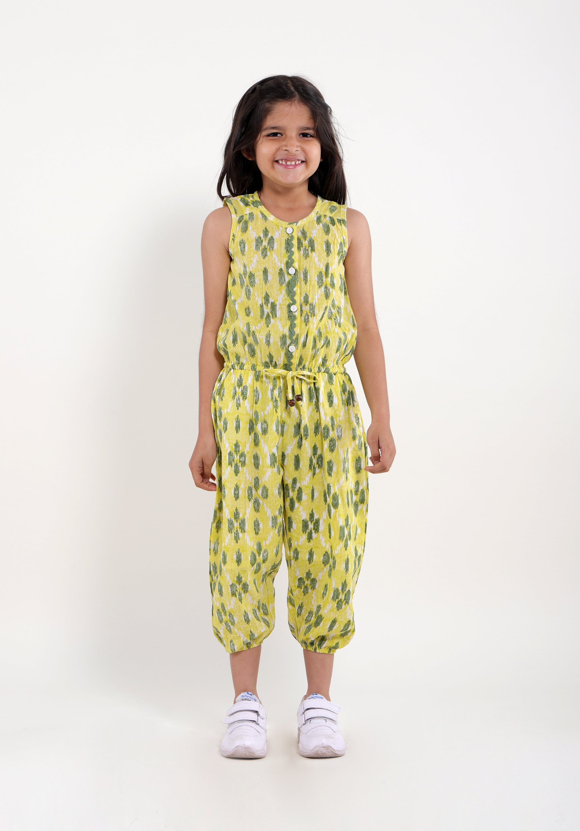 Girl's Block printed Jumpsuit Molly ikkat kantha Yellow
