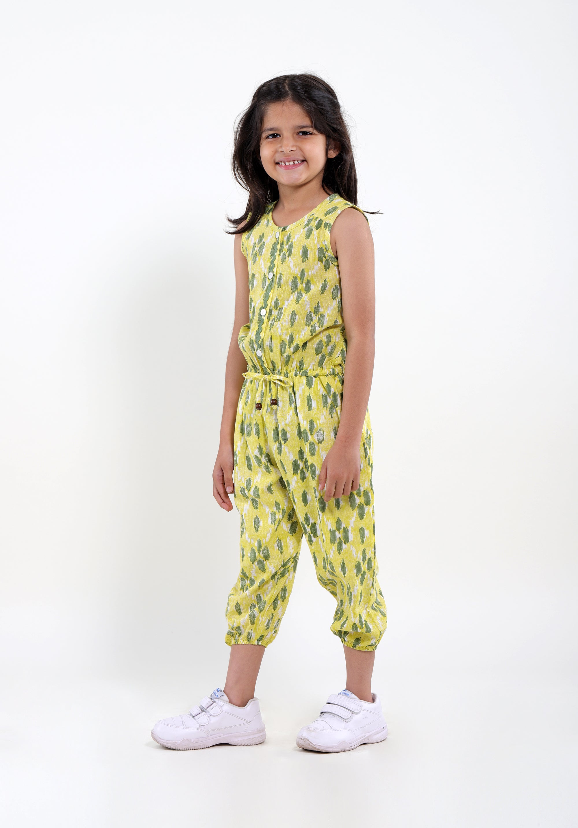 Girl's Block printed Jumpsuit Molly ikkat kantha Yellow