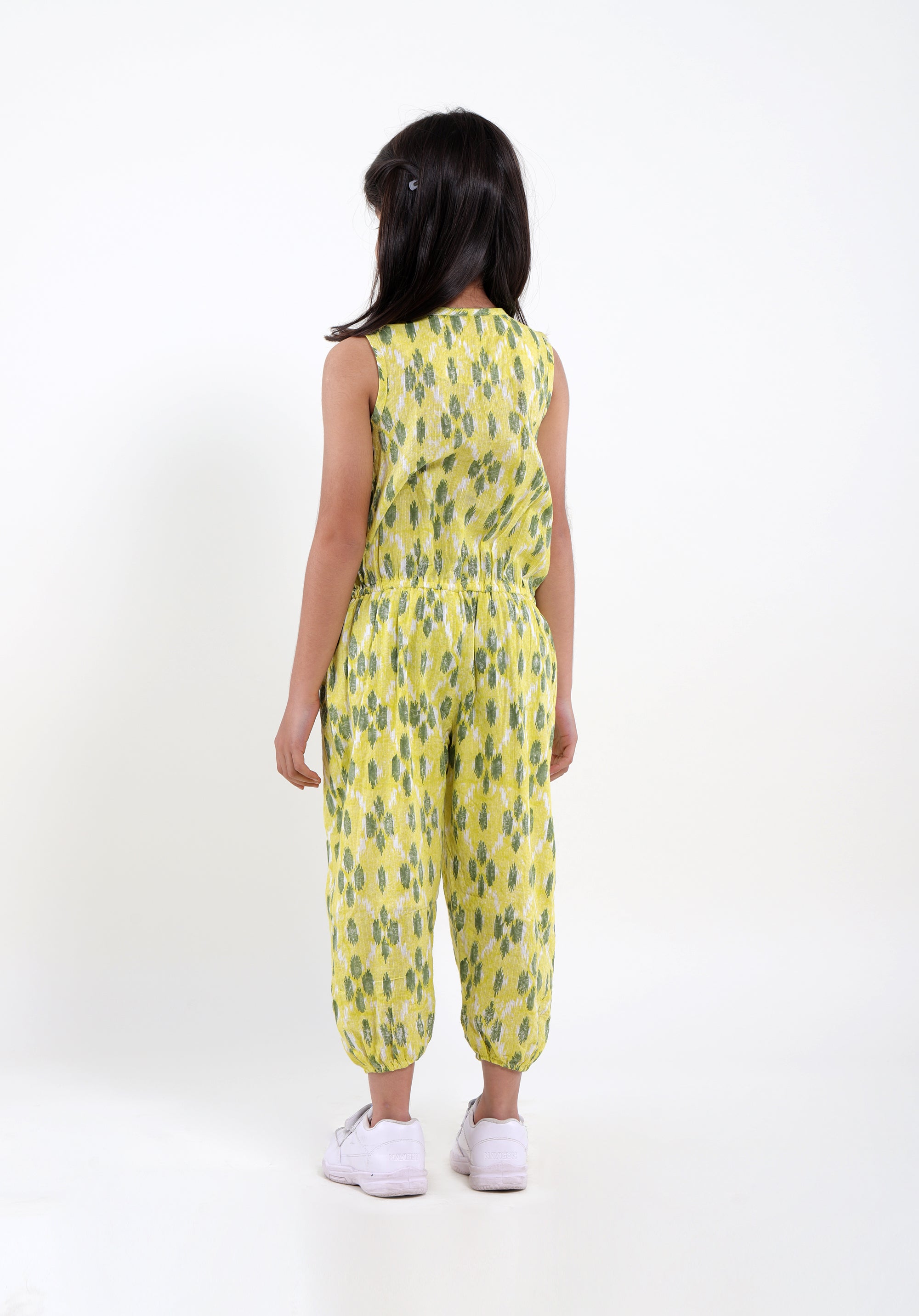 Girl's Block printed Jumpsuit Molly ikkat kantha Yellow