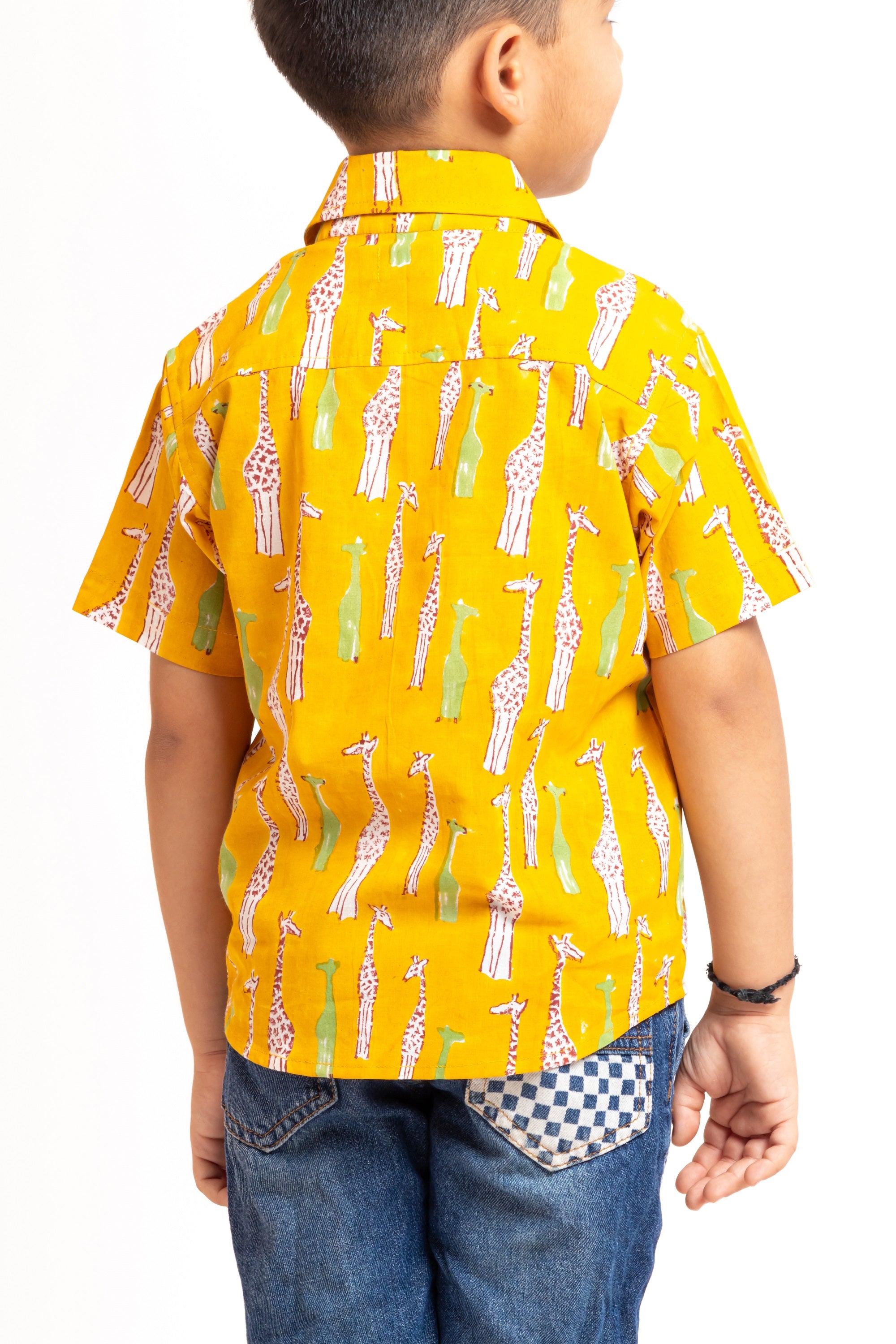 Block Printed Boy's Shirt Giraffe Yellow