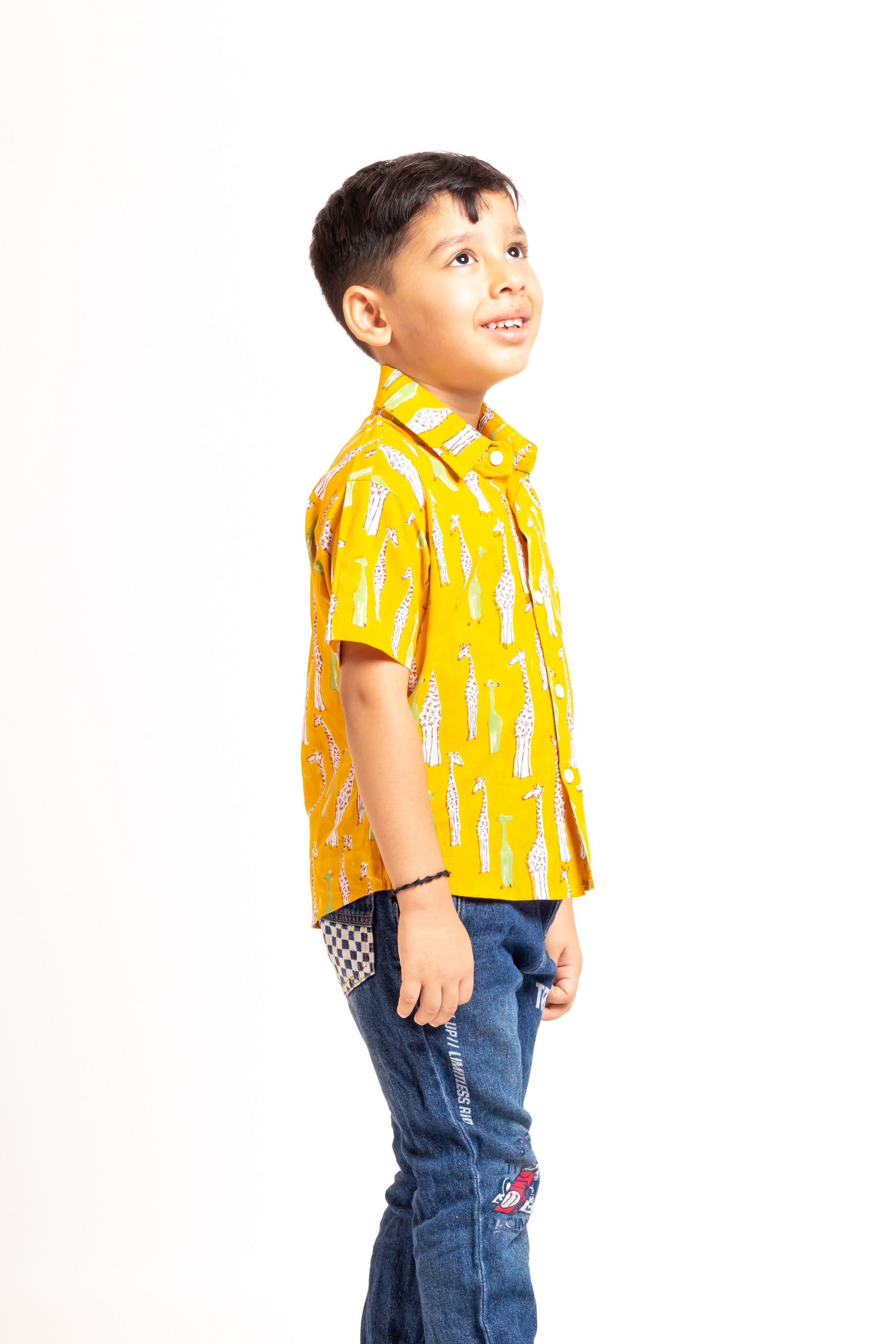 Block Printed Boy's Shirt Giraffe Yellow