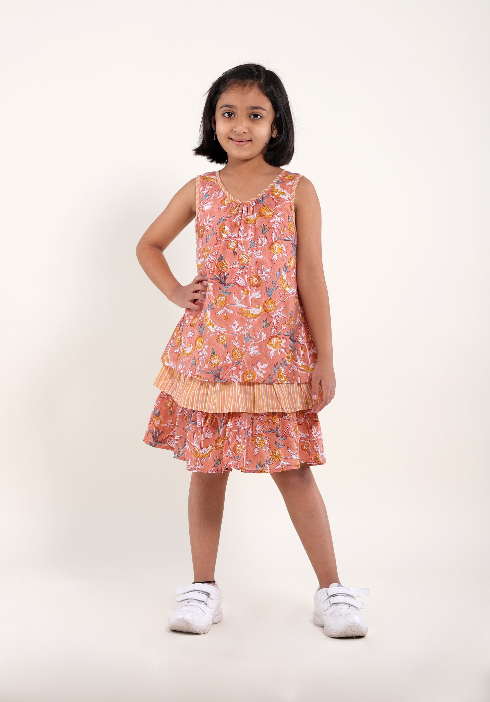 Girl's Block printed Dress Chavi Bird Jaal Peach