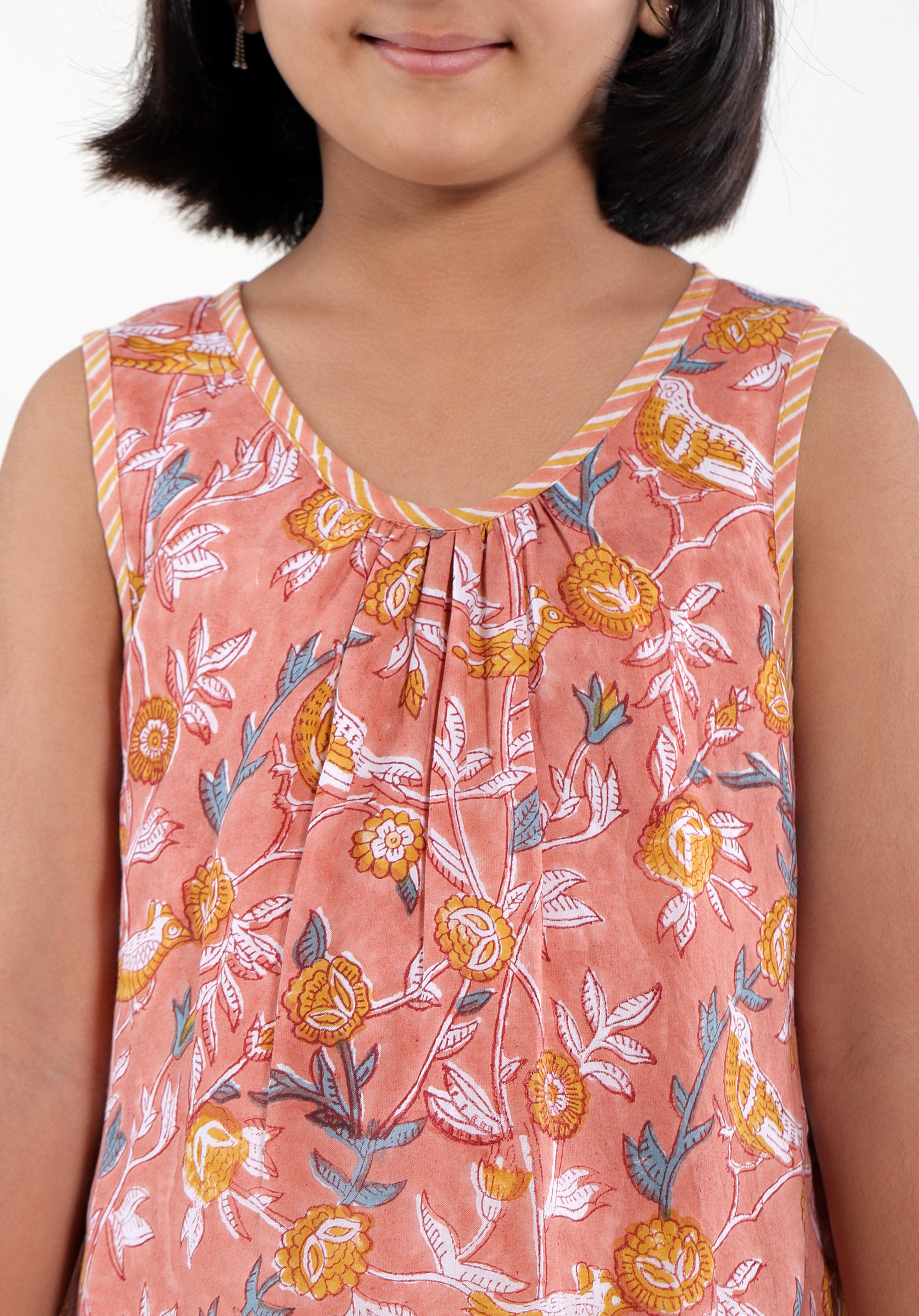 Girl's Block printed Dress Chavi Bird Jaal Peach