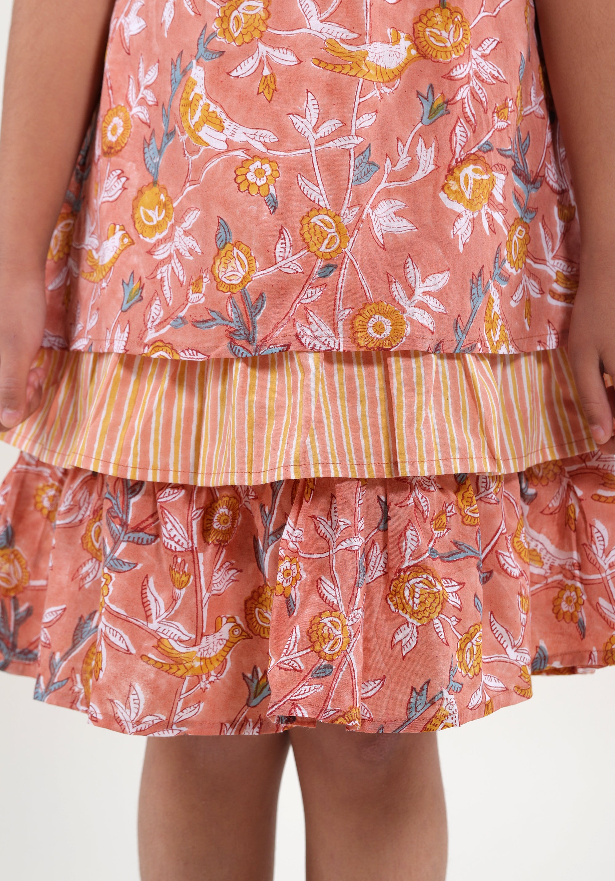 Girl's Block printed Dress Chavi Bird Jaal Peach