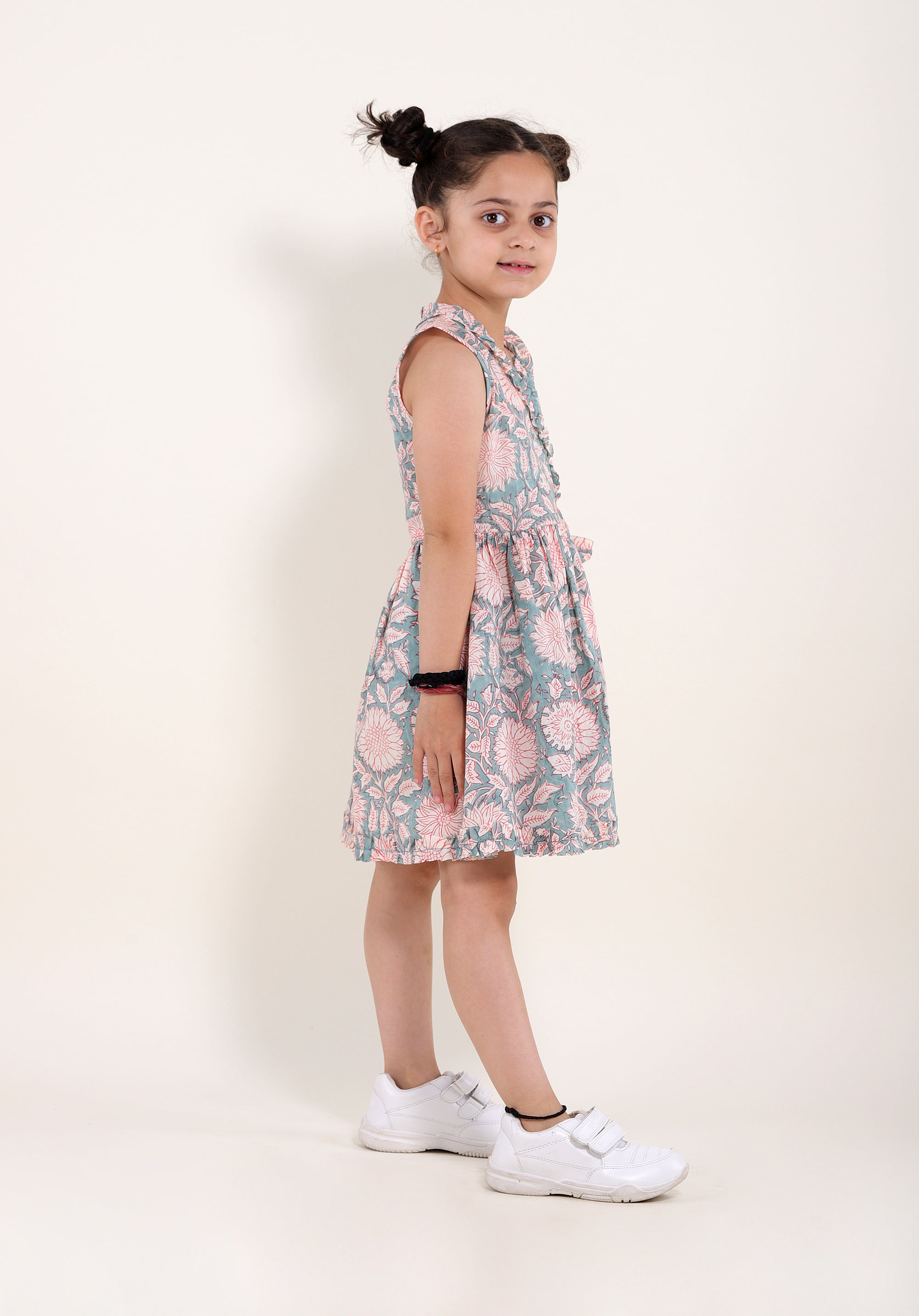 Girl's Block printed Dress Garima Floral Blue