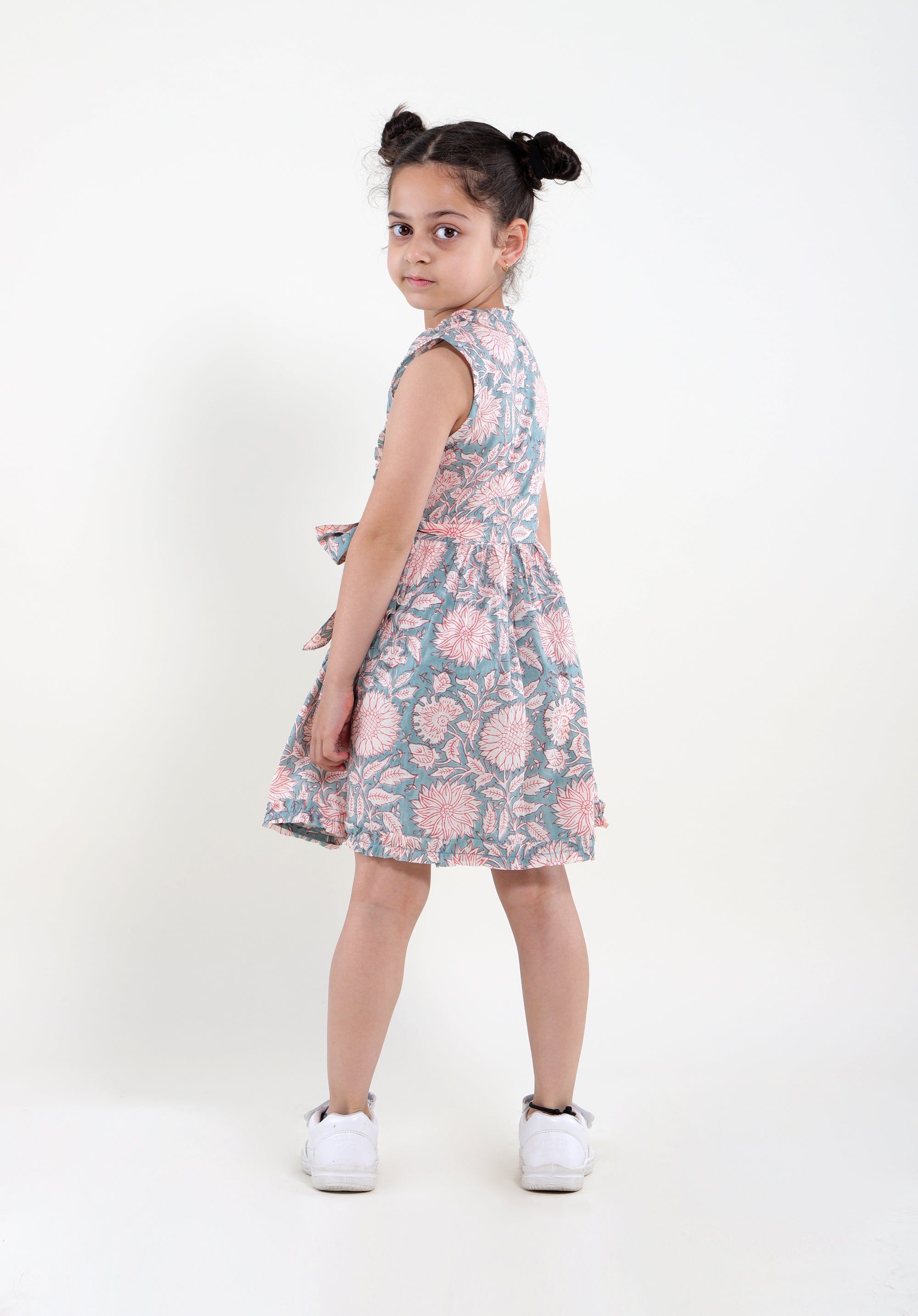 Girl's Block printed Dress Garima Floral Blue