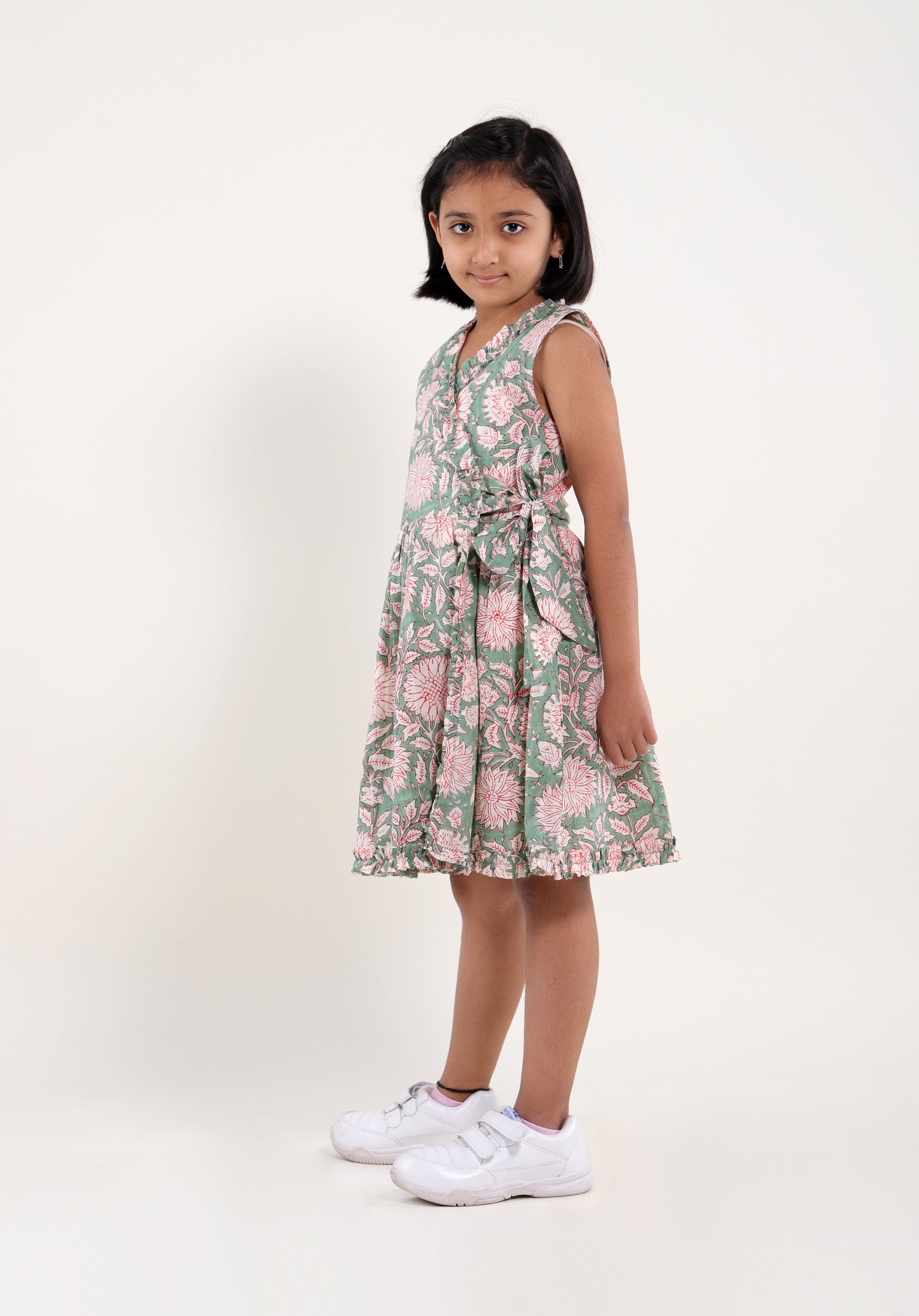 Girl's Block printed Dress Garima Floral Green