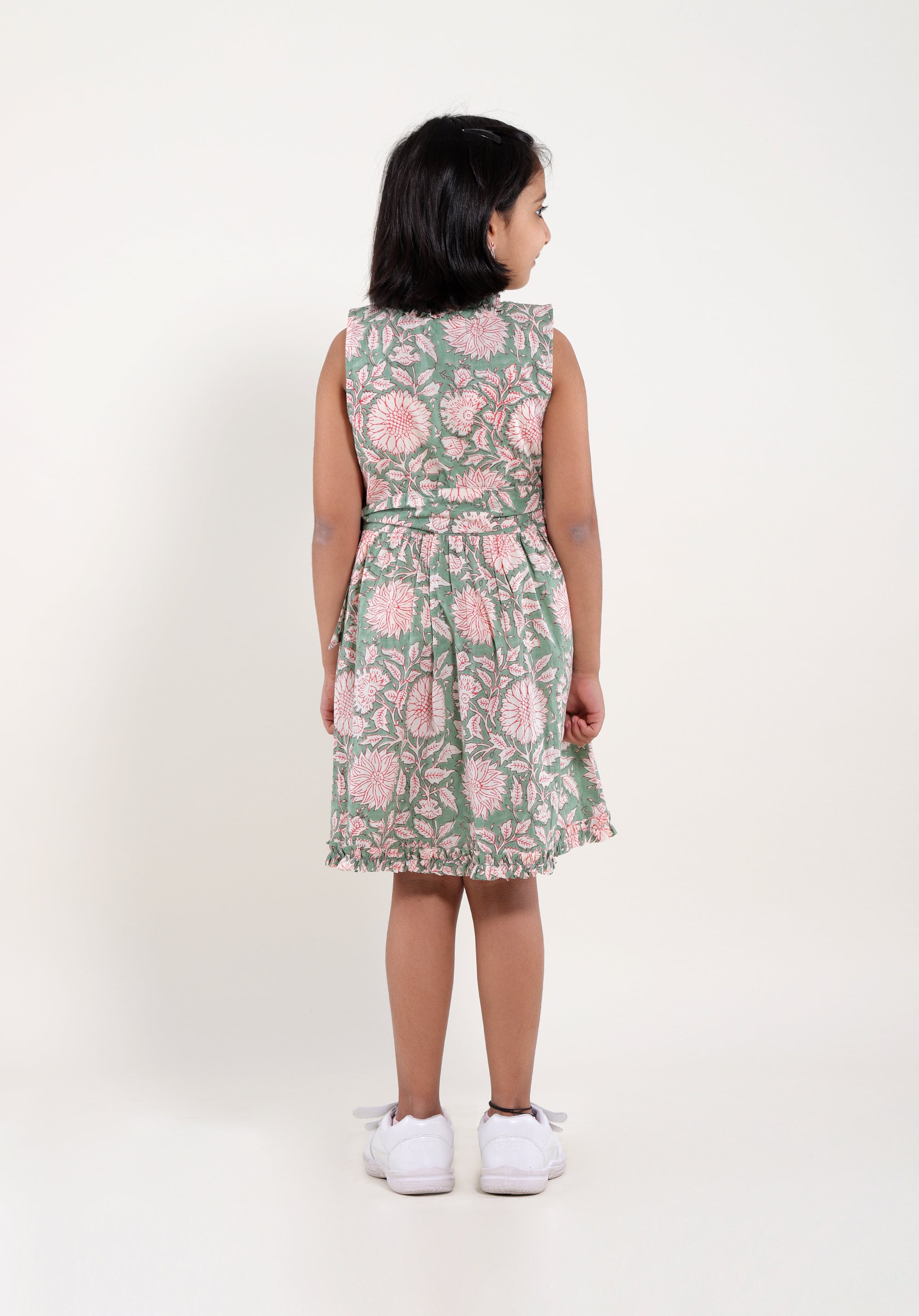 Girl's Block printed Dress Garima Floral Green