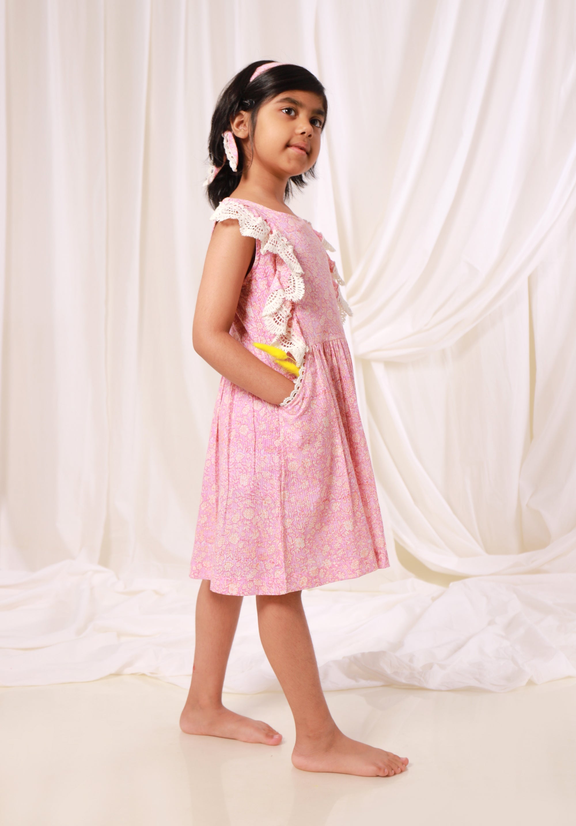 Block printed Girl's Dress Charu Liberty Pink