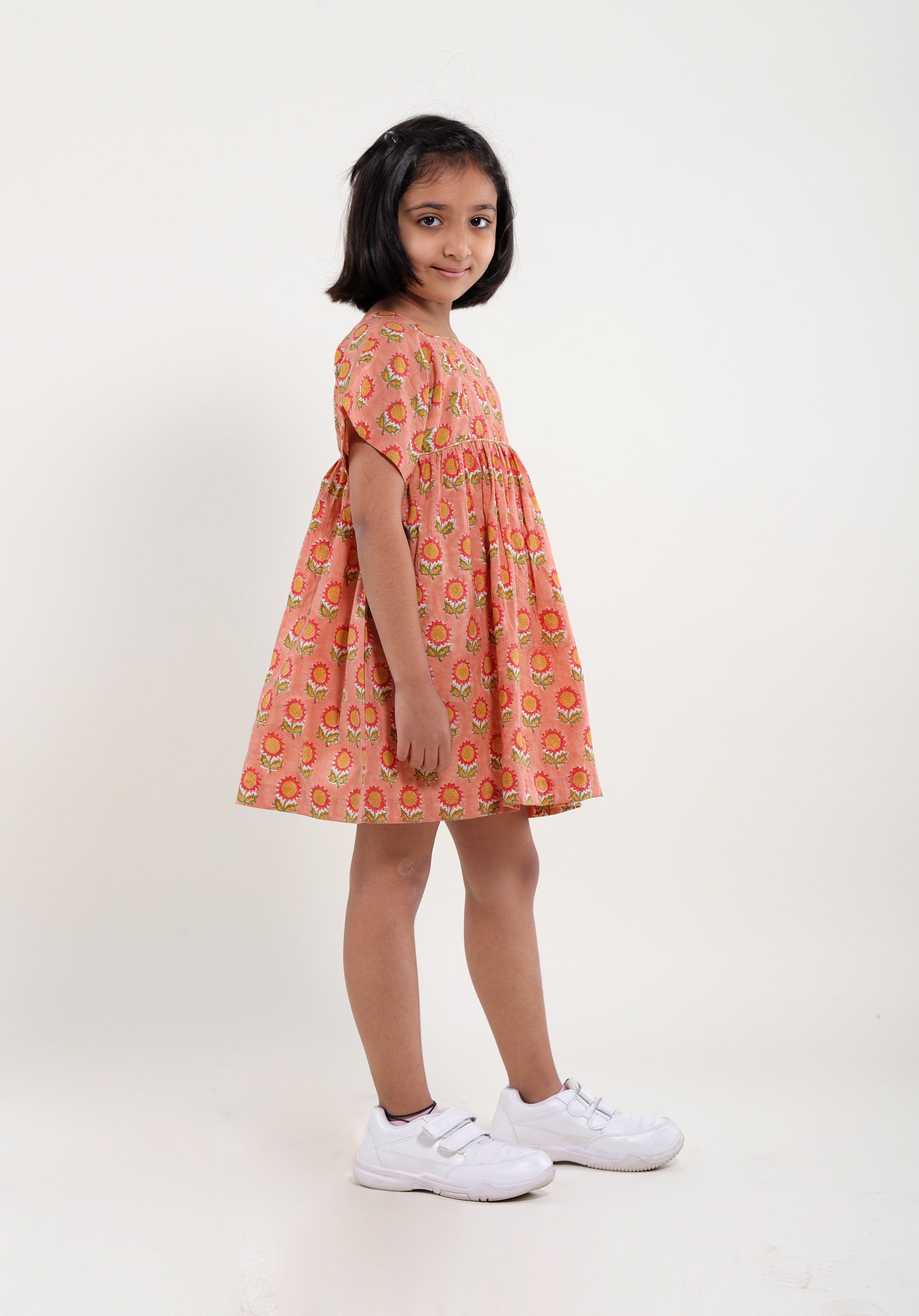 Girl's Block printed Dress Lila Sunflower Peach