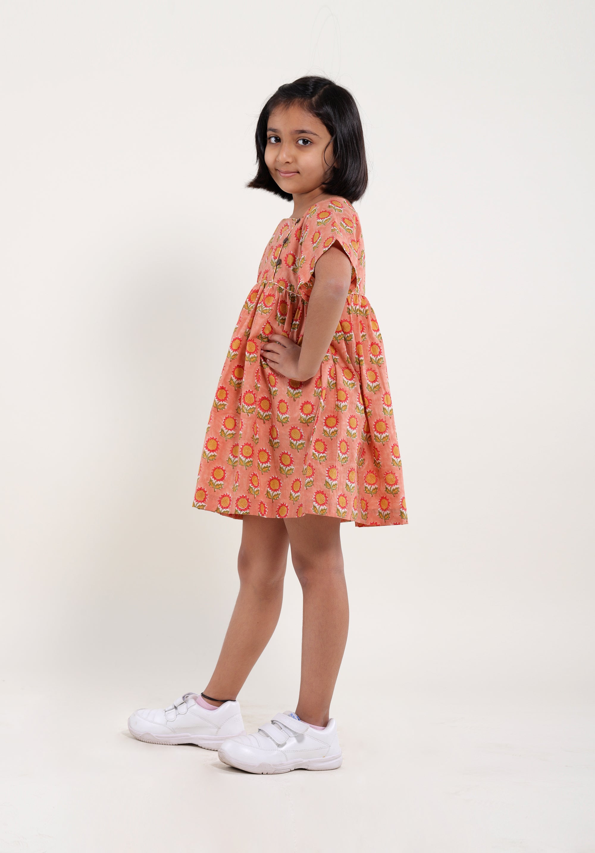 Girl's Block printed Dress Lila Sunflower Peach