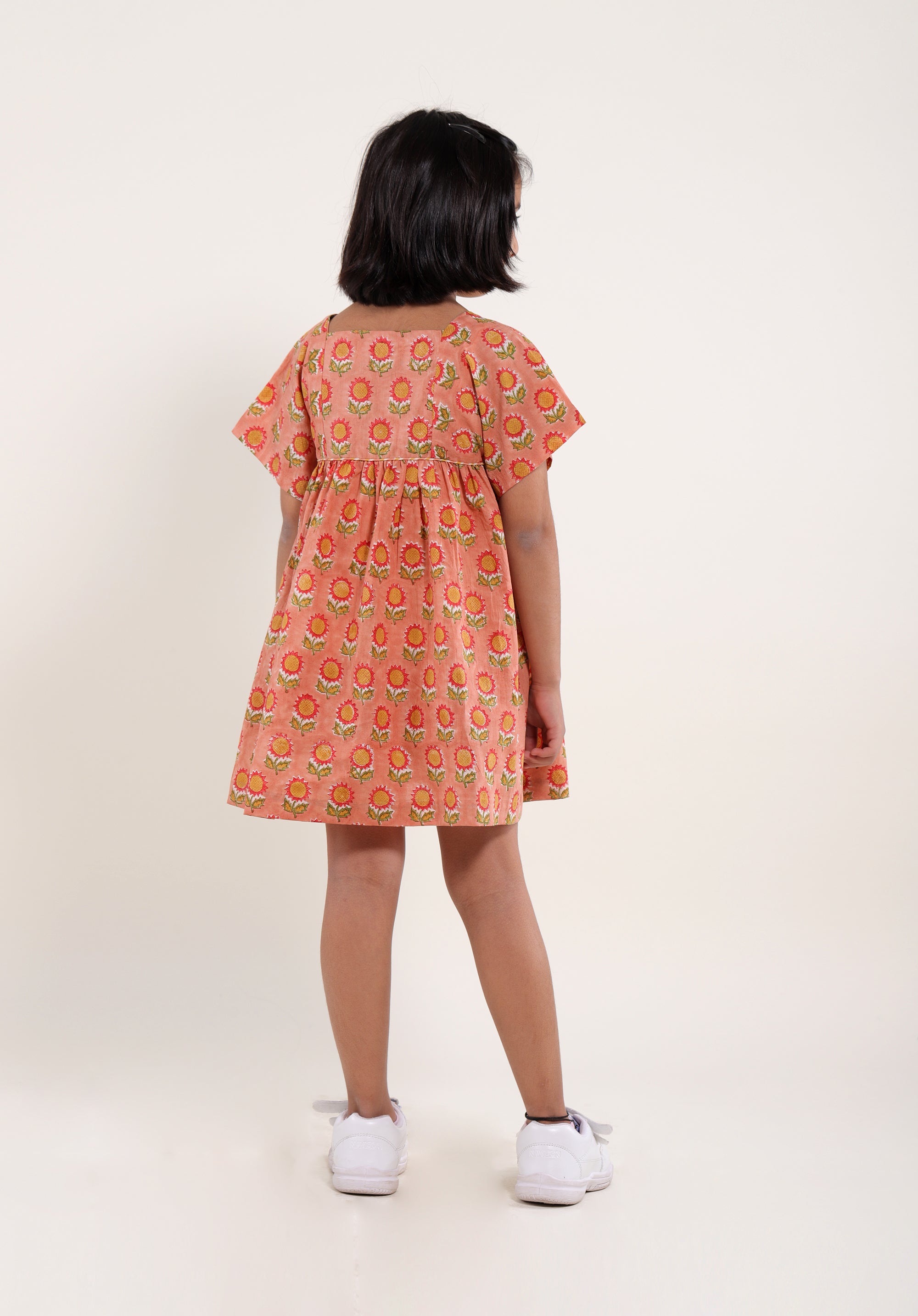 Girl's Block printed Dress Lila Sunflower Peach