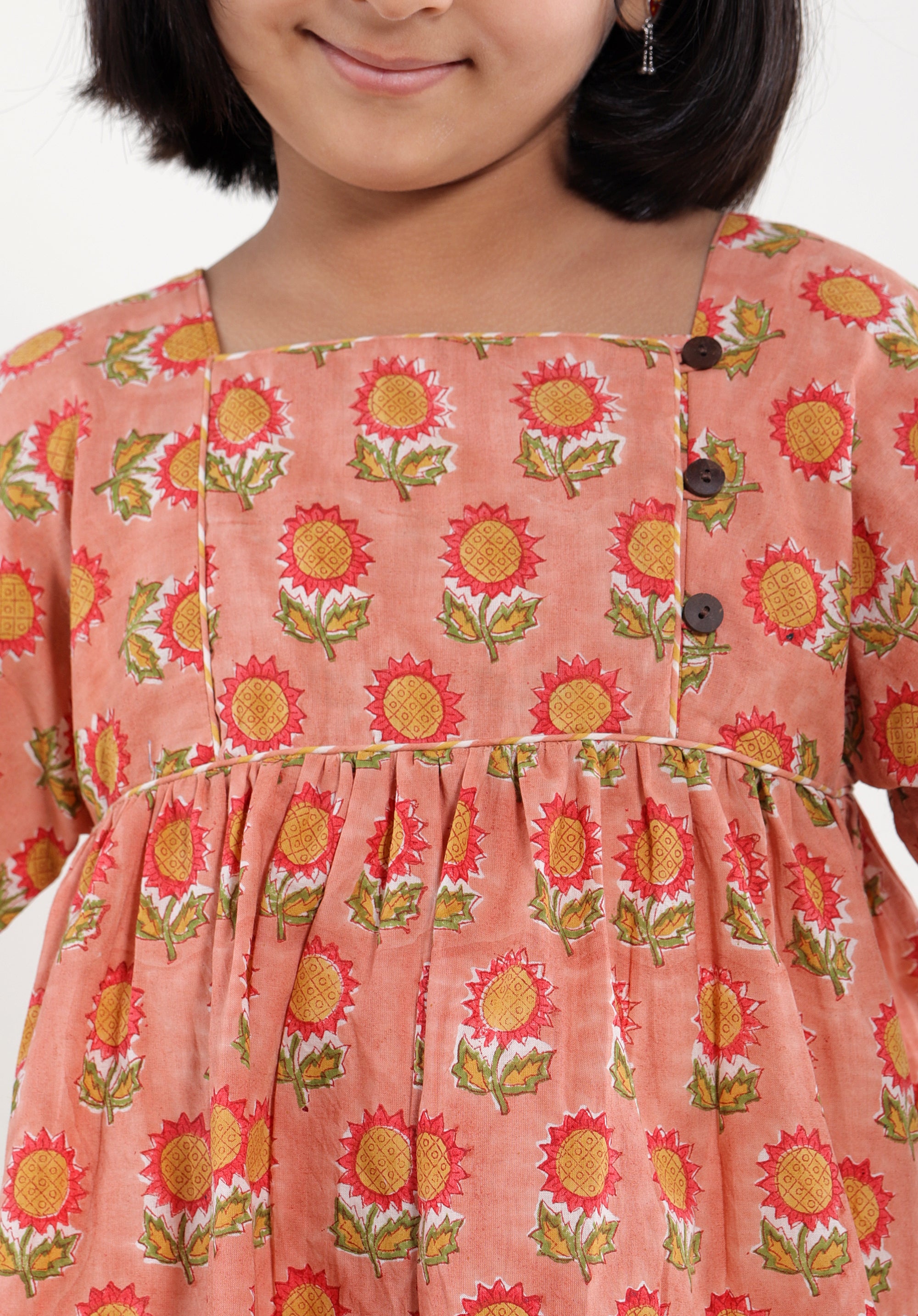 Girl's Block printed Dress Lila Sunflower Peach