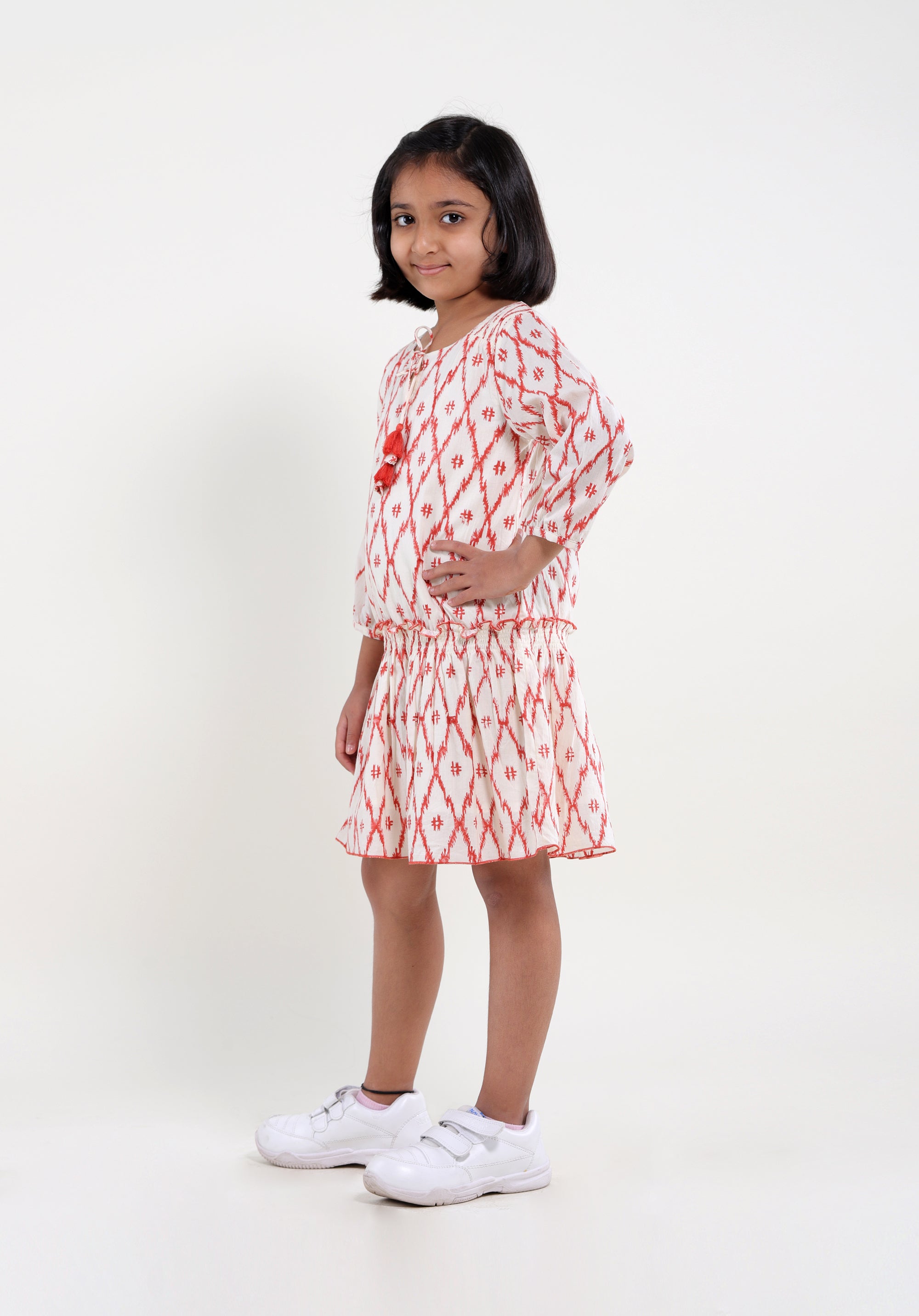 Girl's Block printed Dress Mary Ikkat Red