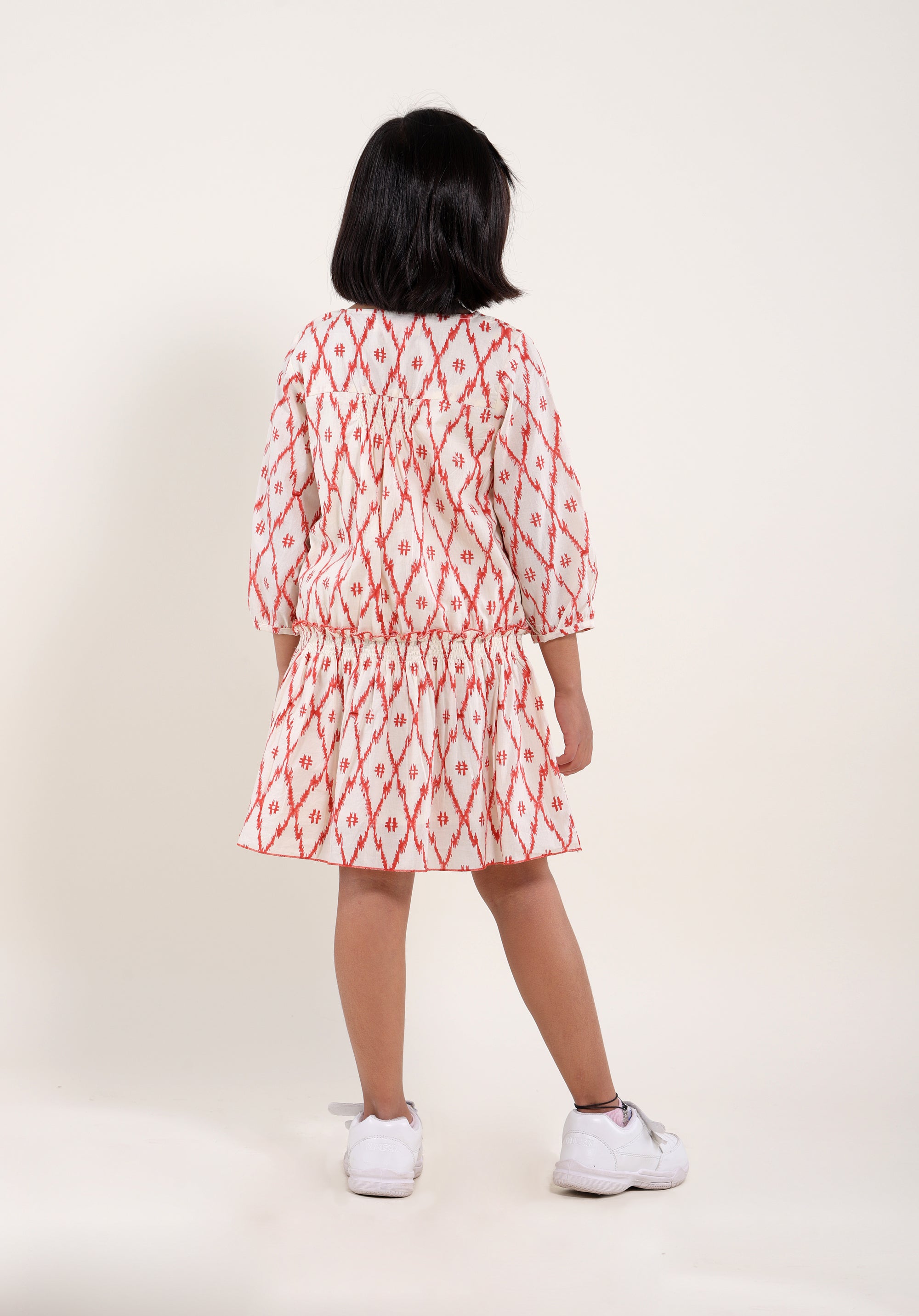 Girl's Block printed Dress Mary Ikkat Red