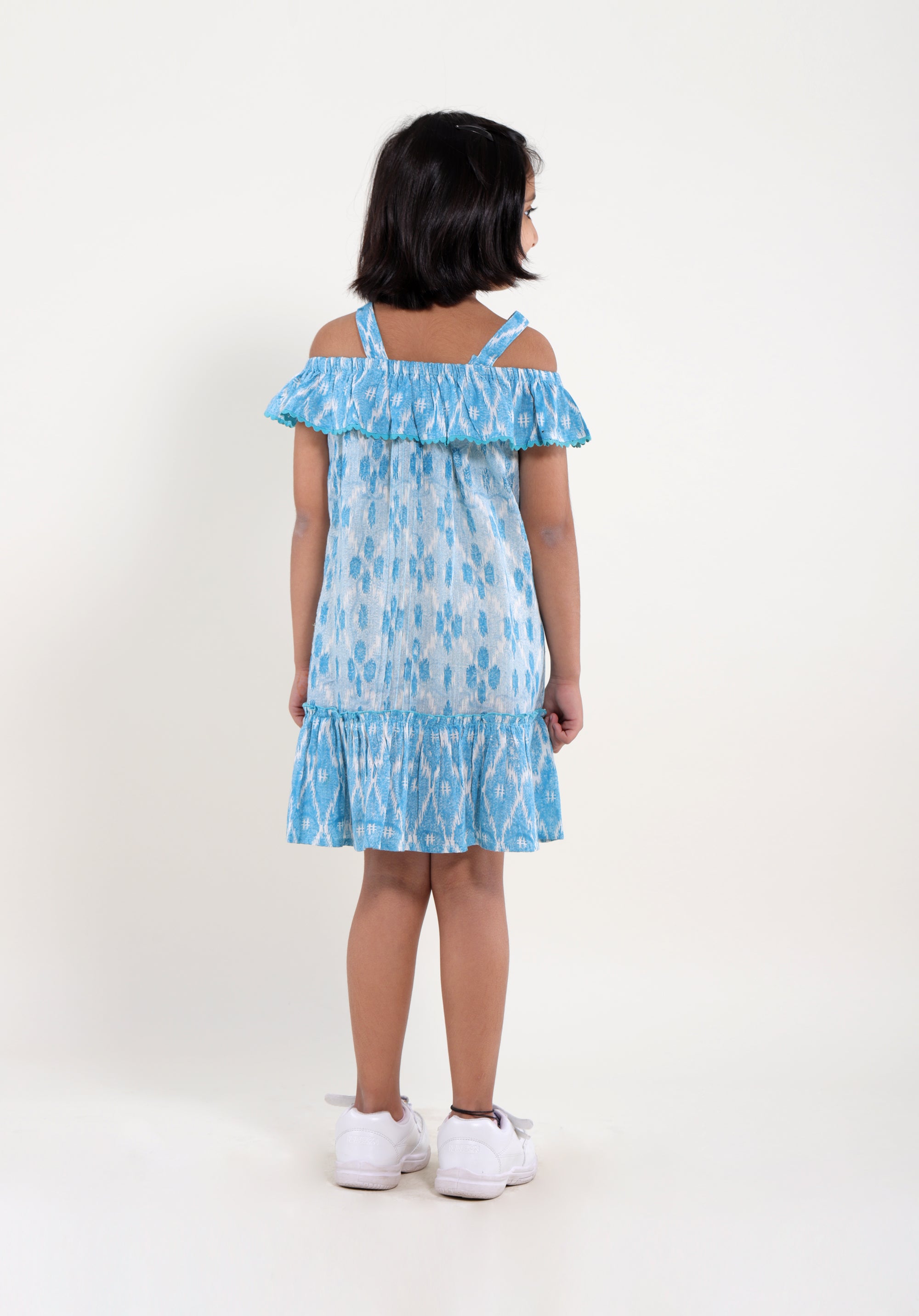 Girl's Block printed Dress Misha ikkat kantha Blue