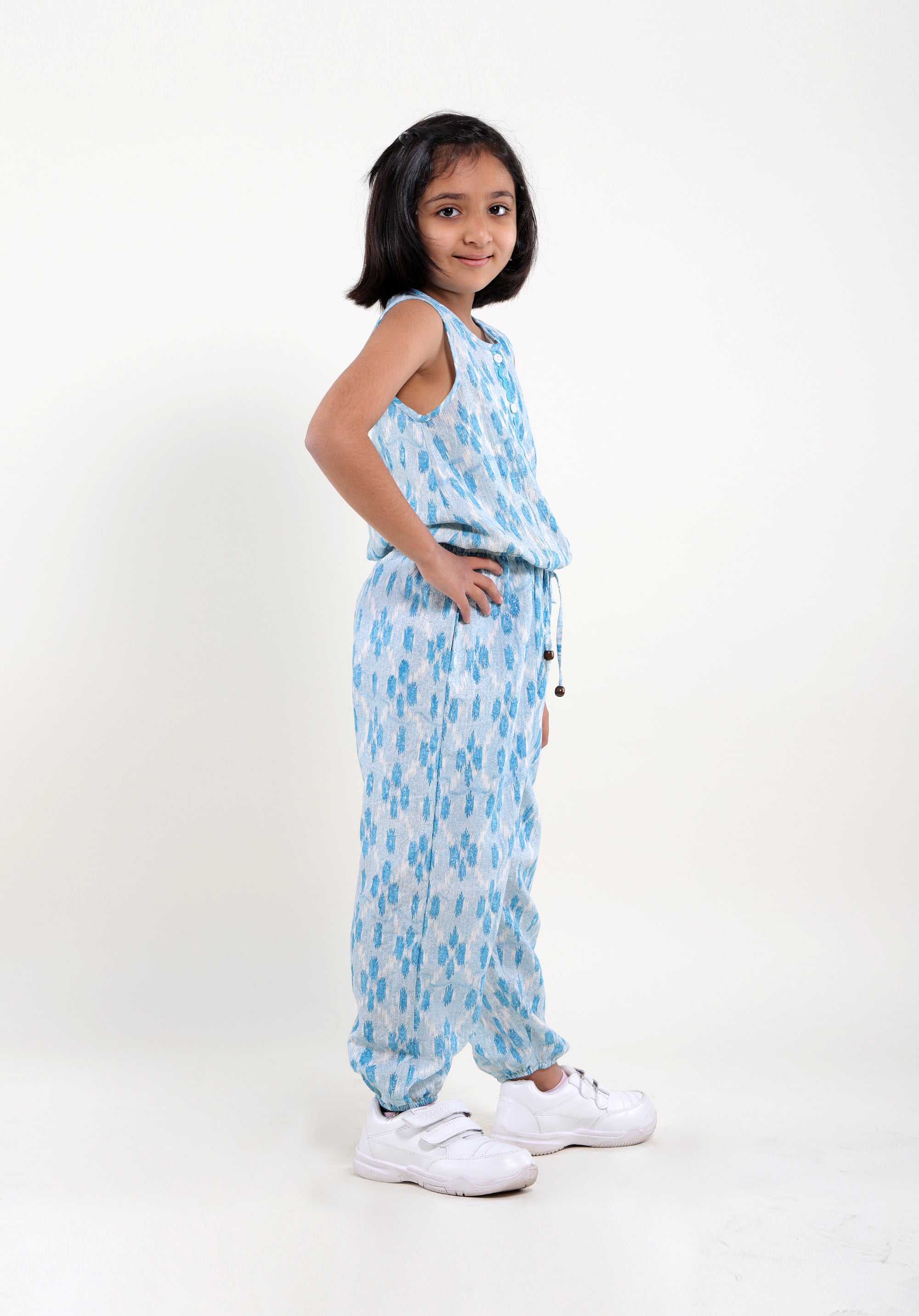 Girl's Block printed Jumpsuit Molly ikkat kantha Blue