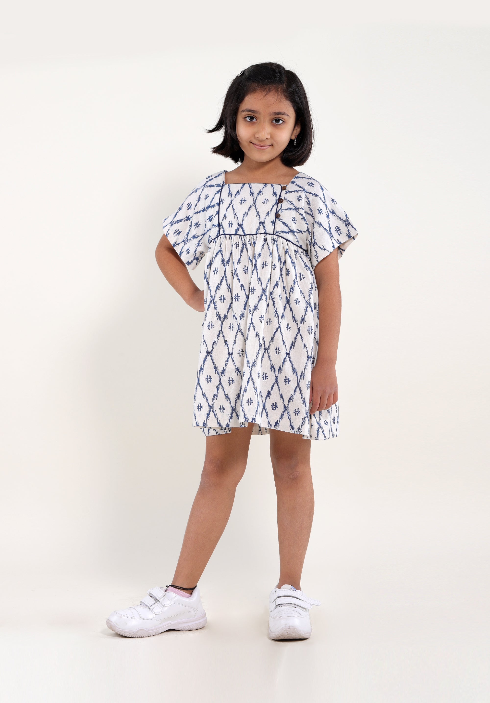 Girl's Block Linen Dress Lila Ikkat Blue