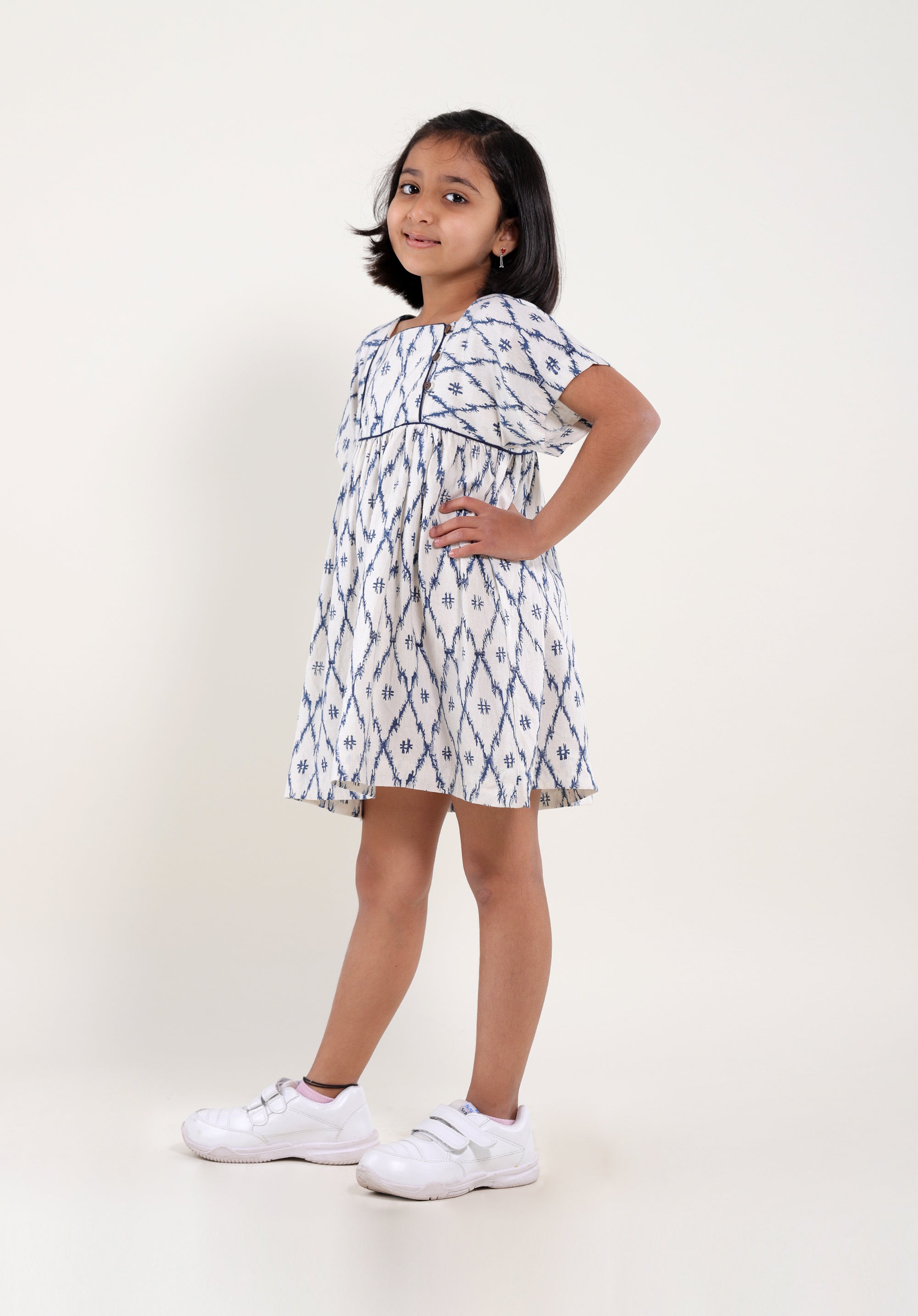 Girl's Block Linen Dress Lila Ikkat Blue