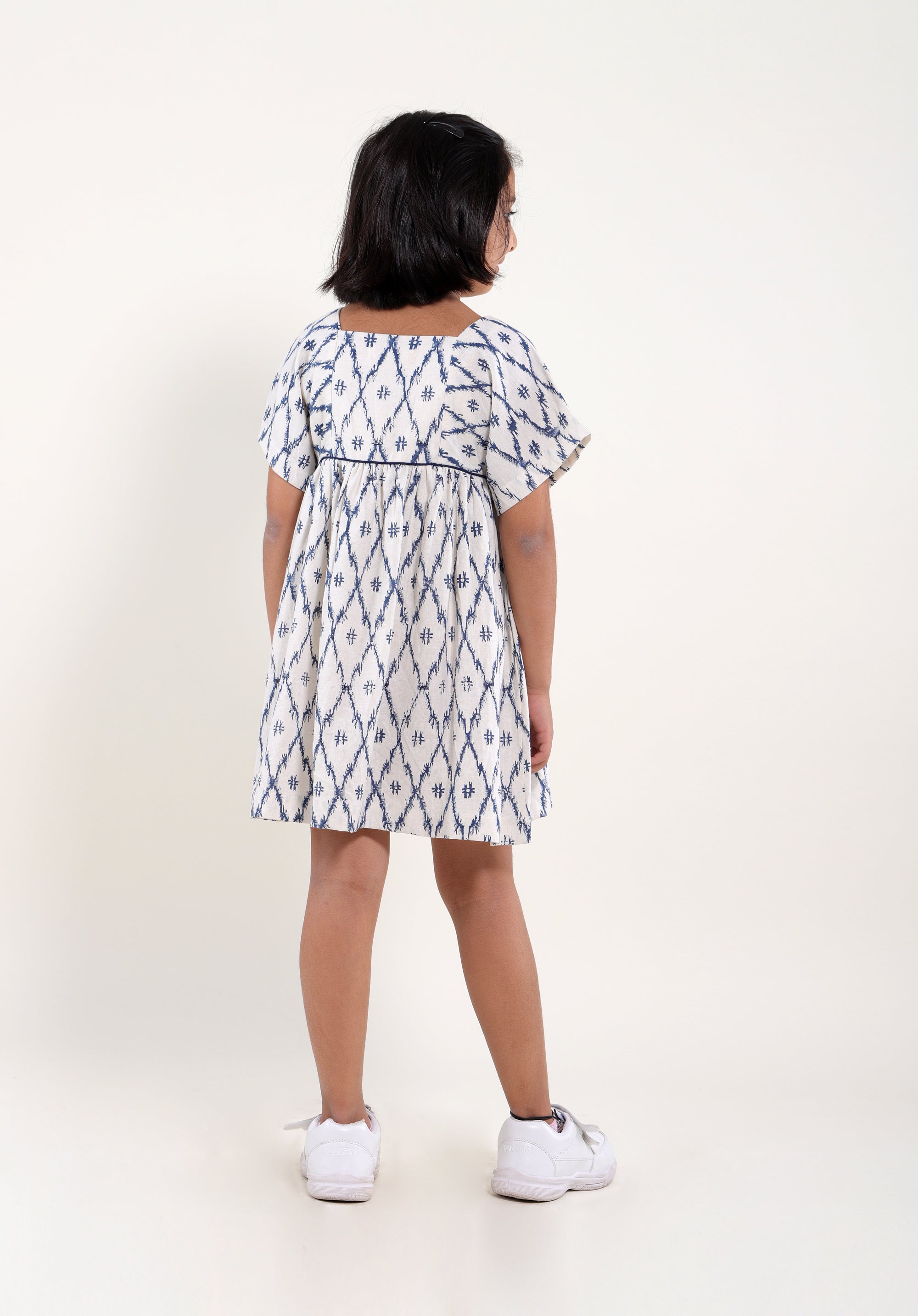 Girl's Block Linen Dress Lila Ikkat Blue