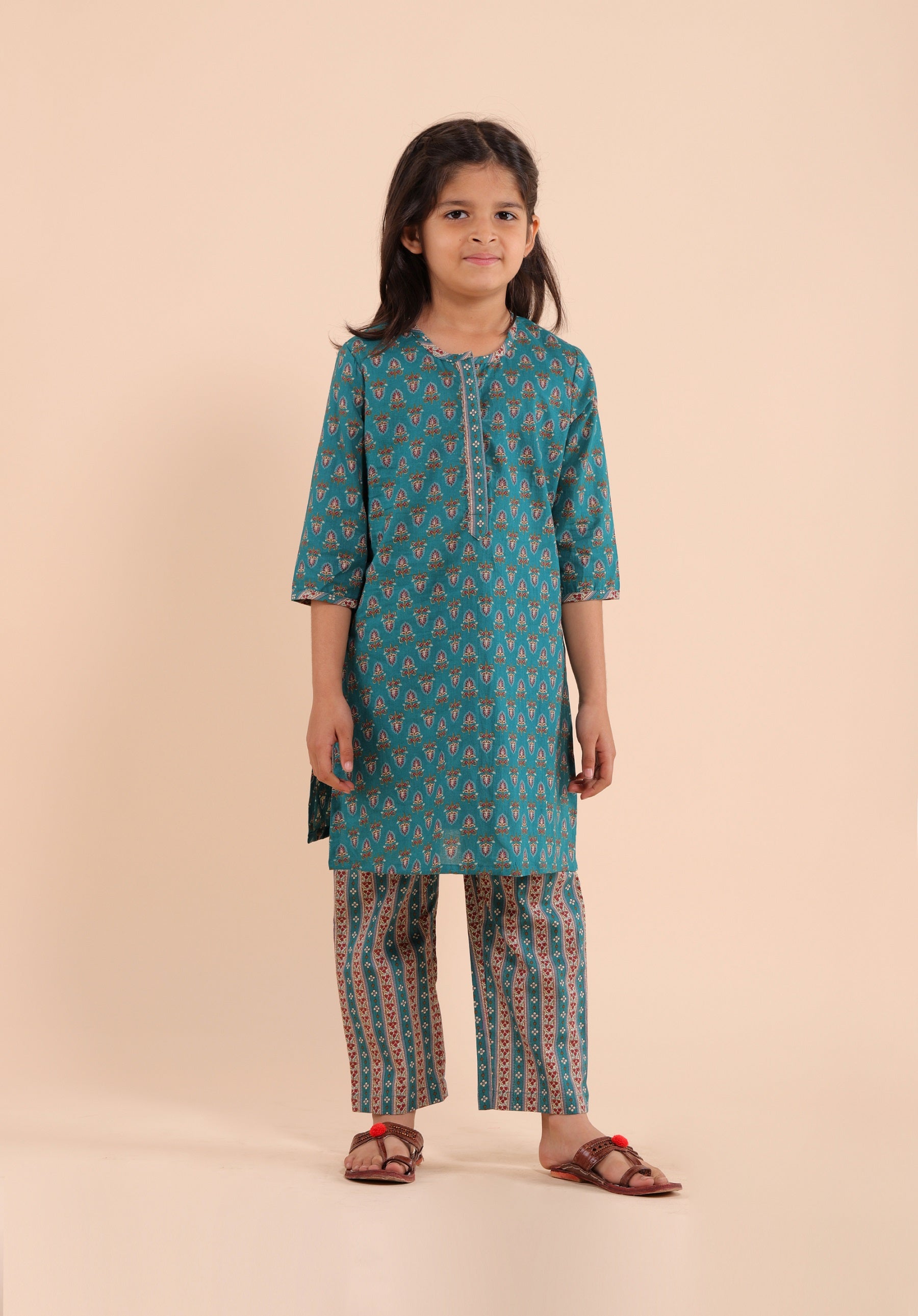 Girls Printed Kurta Set Teal Buti