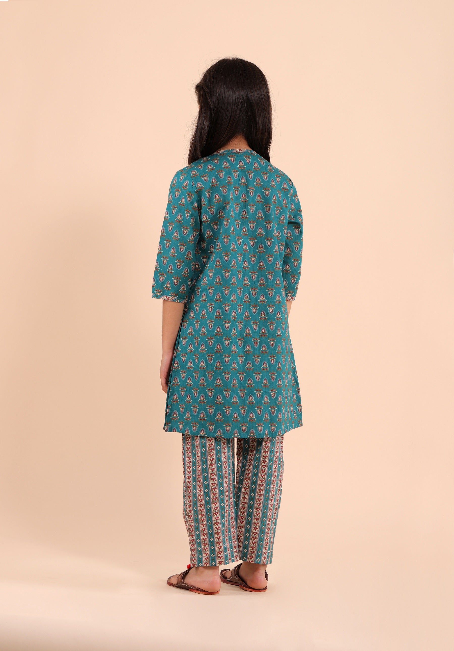 Girls Printed Kurta Set Teal Buti