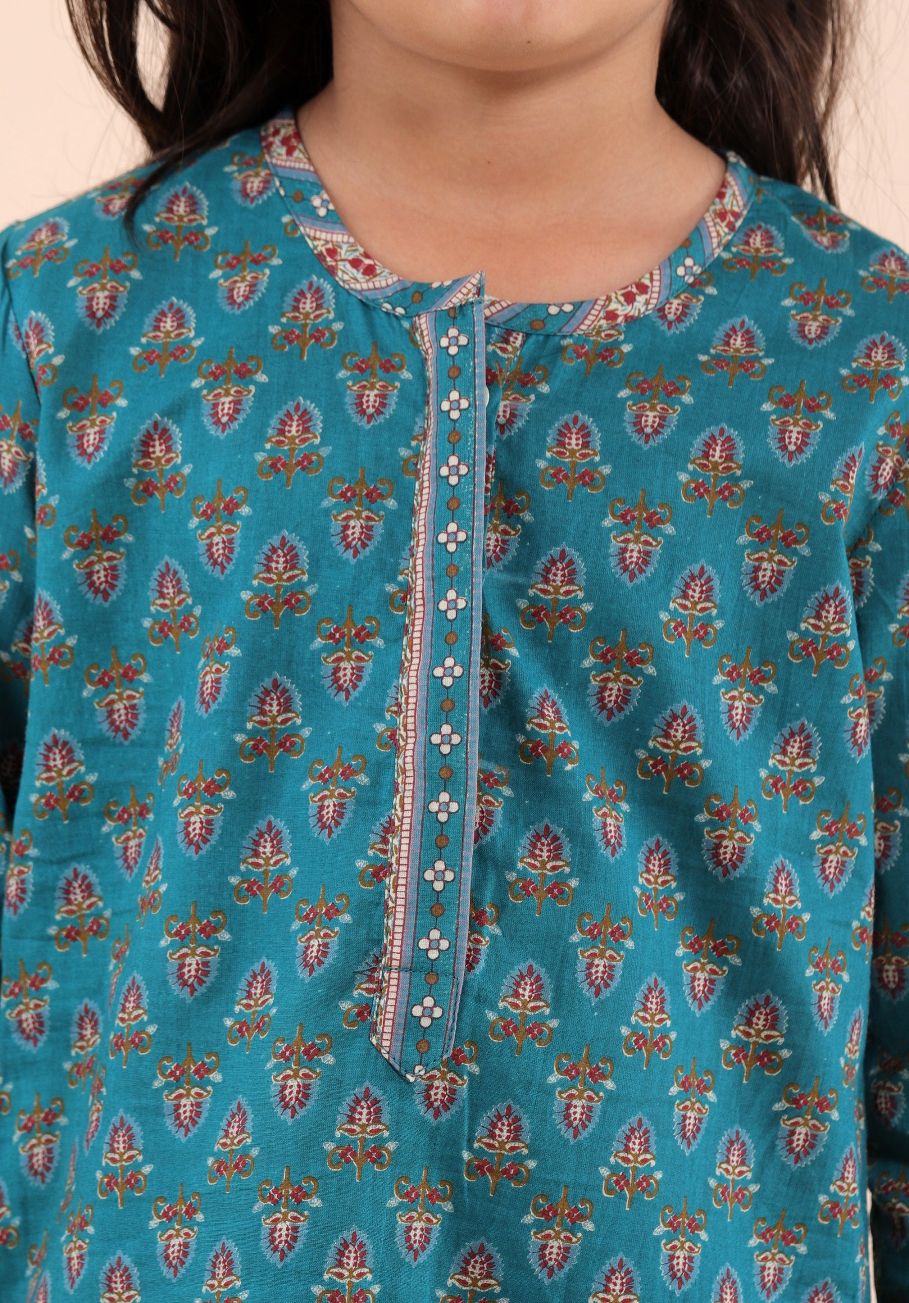 Girls Printed Kurta Set Teal Buti