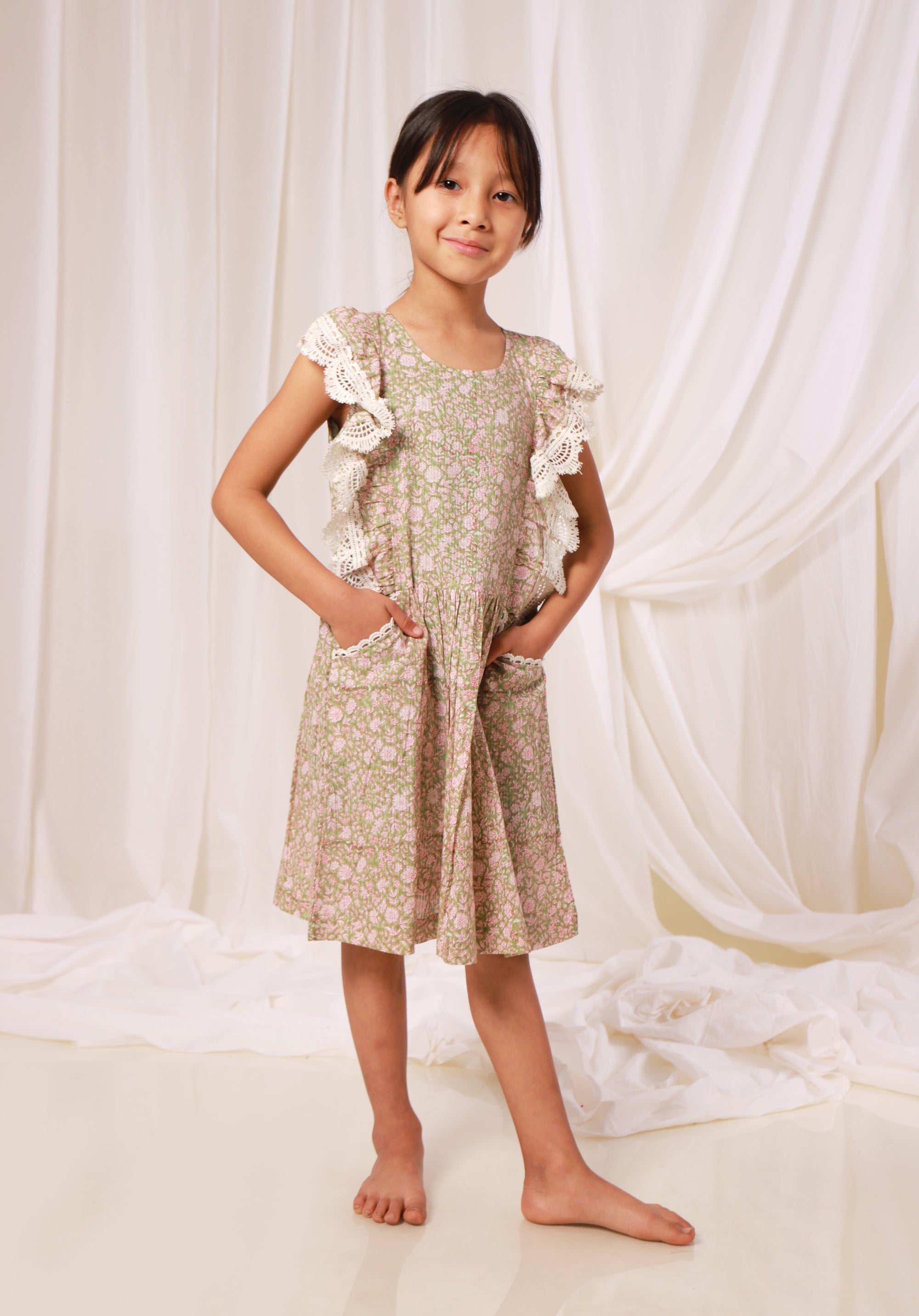 Block printed Girl's Dress Charu Liberty Green