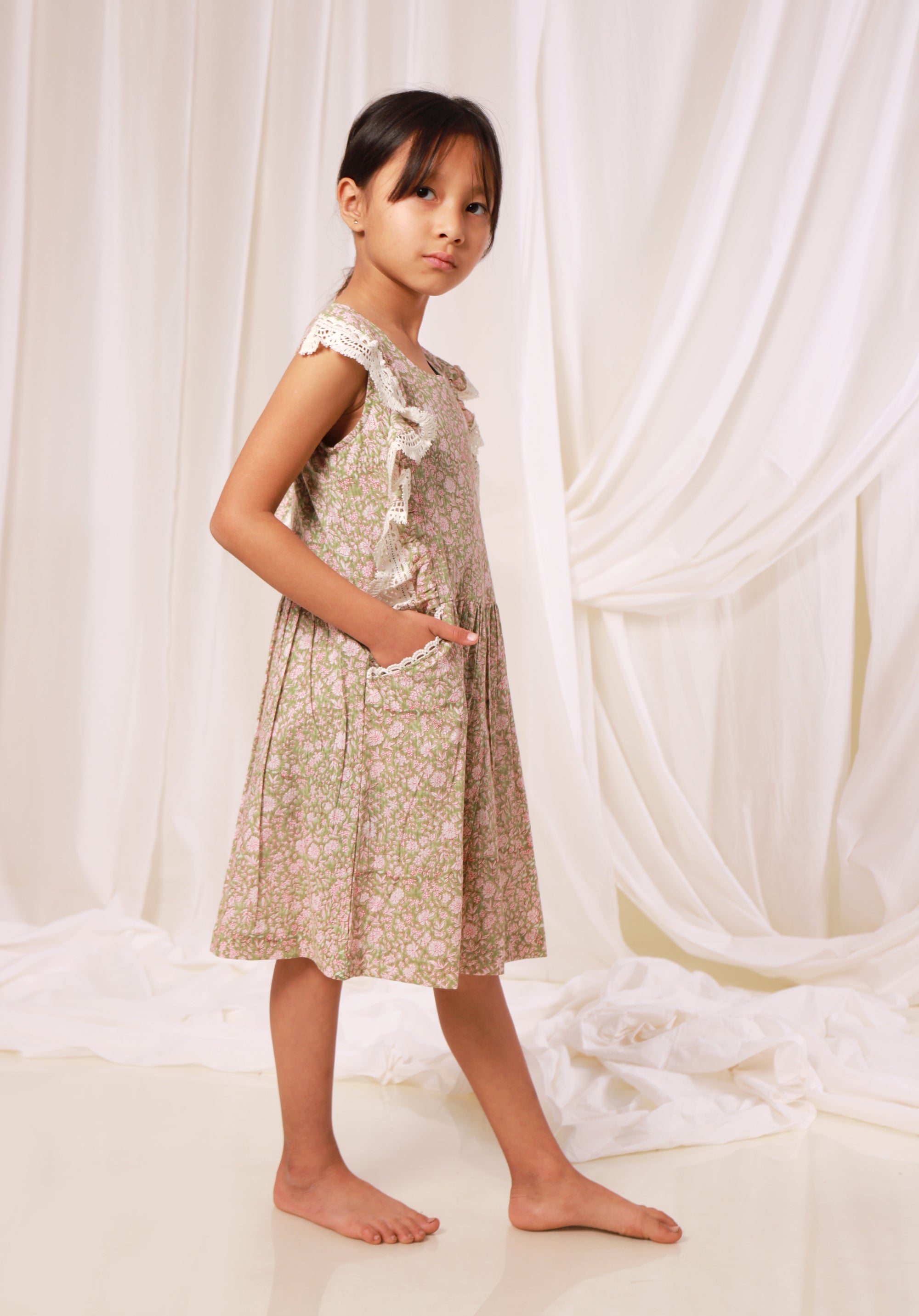 Block printed Girl's Dress Charu Liberty Green