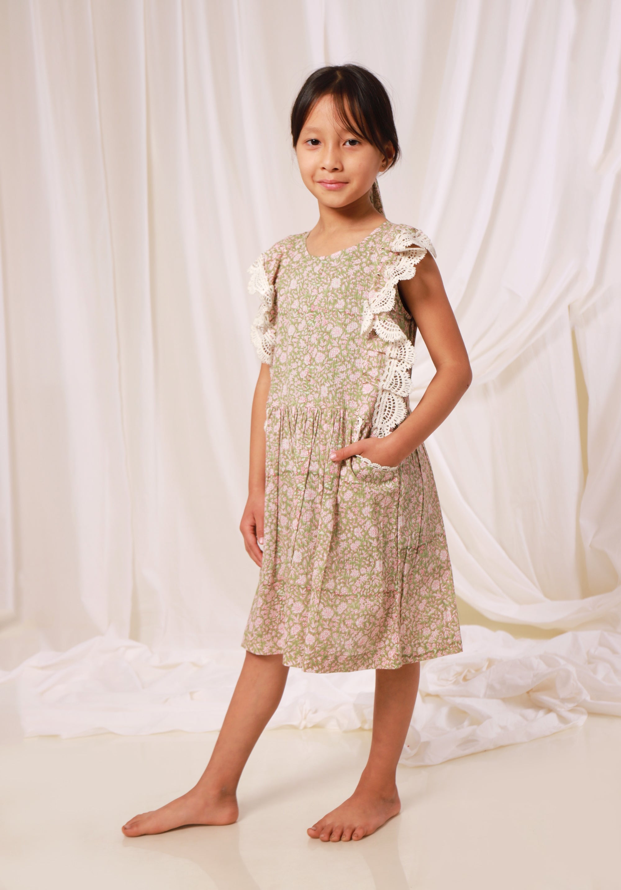 Block printed Girl's Dress Charu Liberty Green