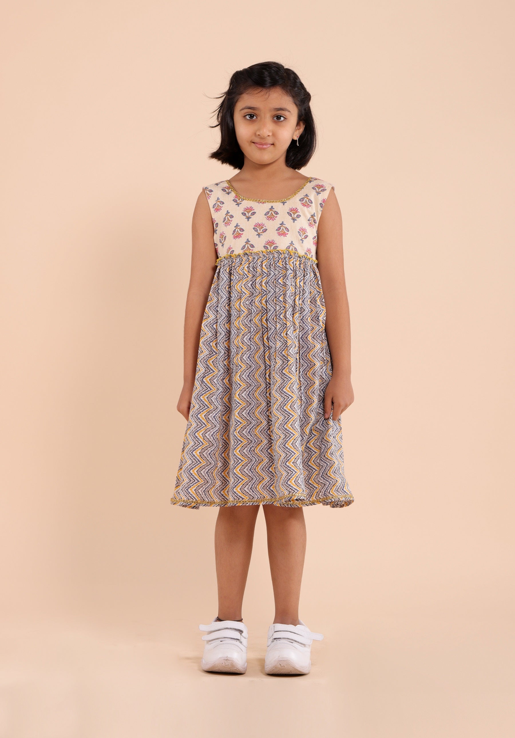 Girls Printed Dress Buti Dress Beige - 20401
