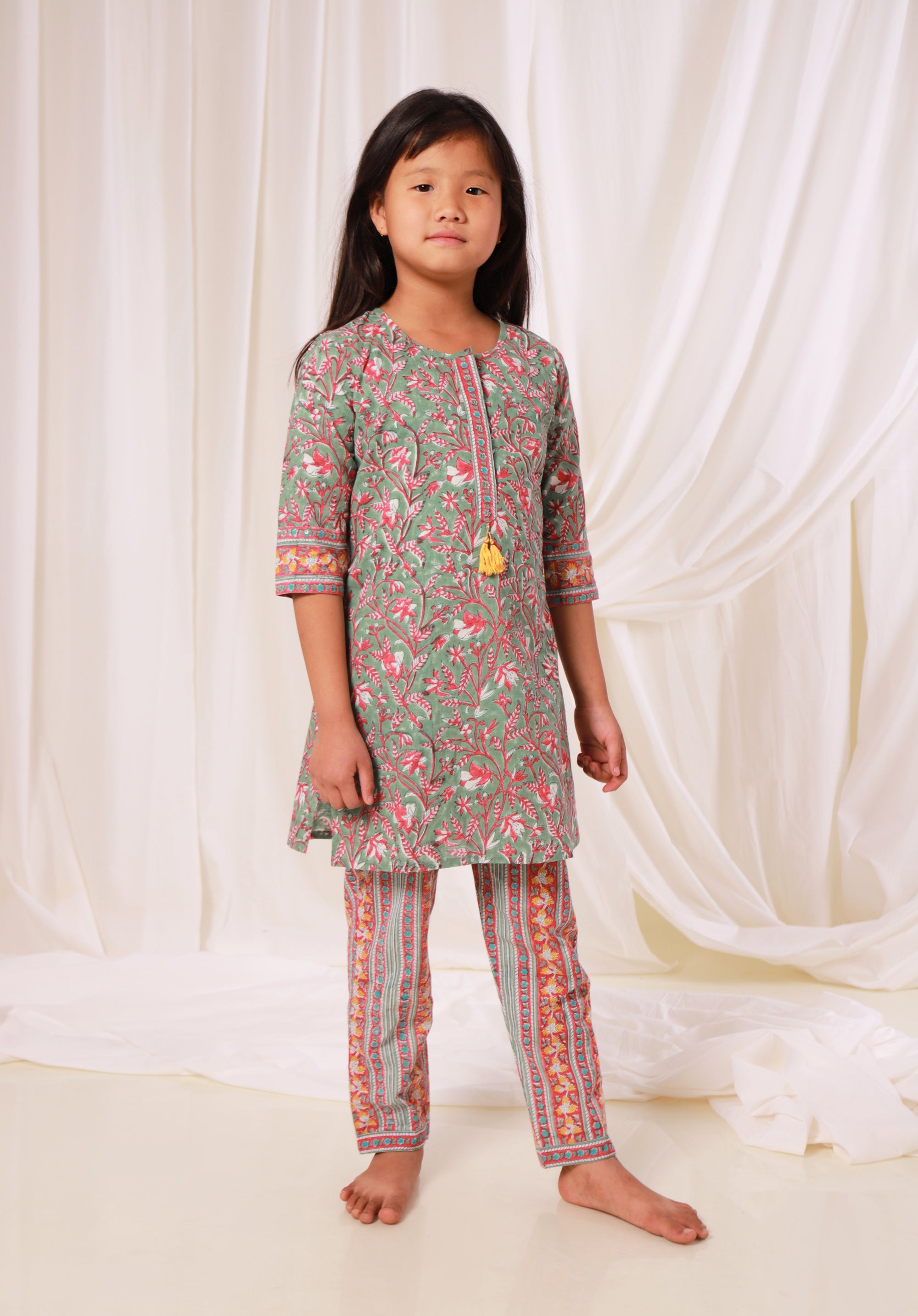 Girls Printed Kurta Set Jaal Green (Gulnar)