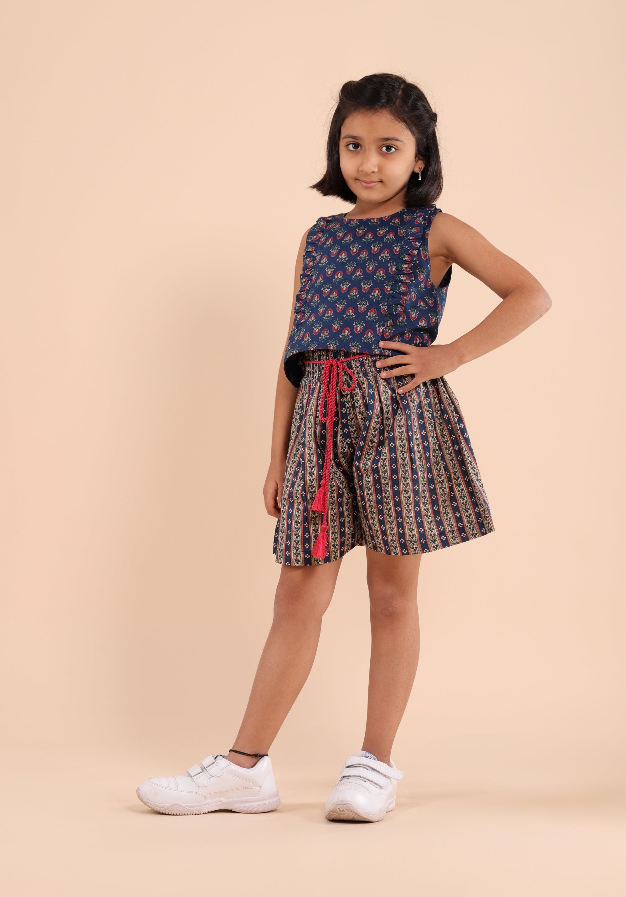 Girl's Co-Ord Set Anna Top Skirt Buti Border Blue