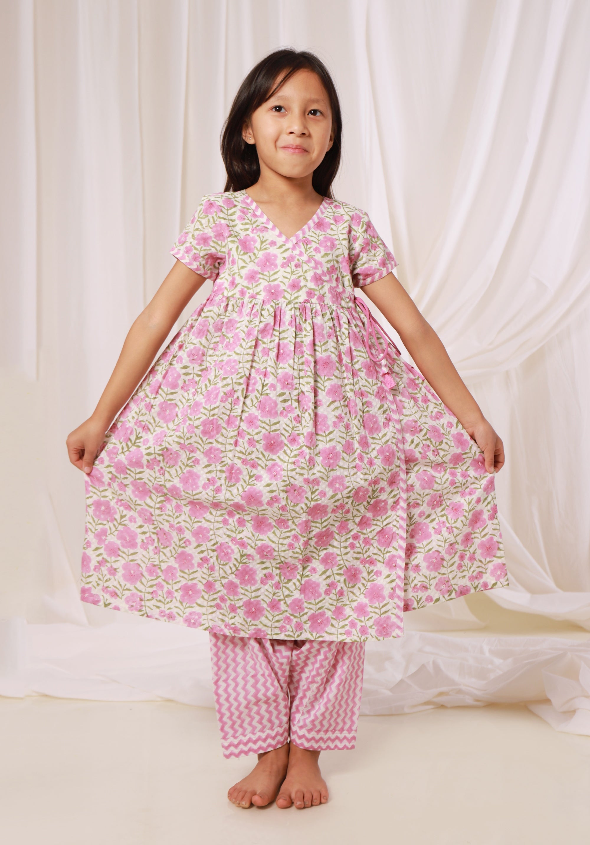 Girls Printed Kurta Set Floral Pink