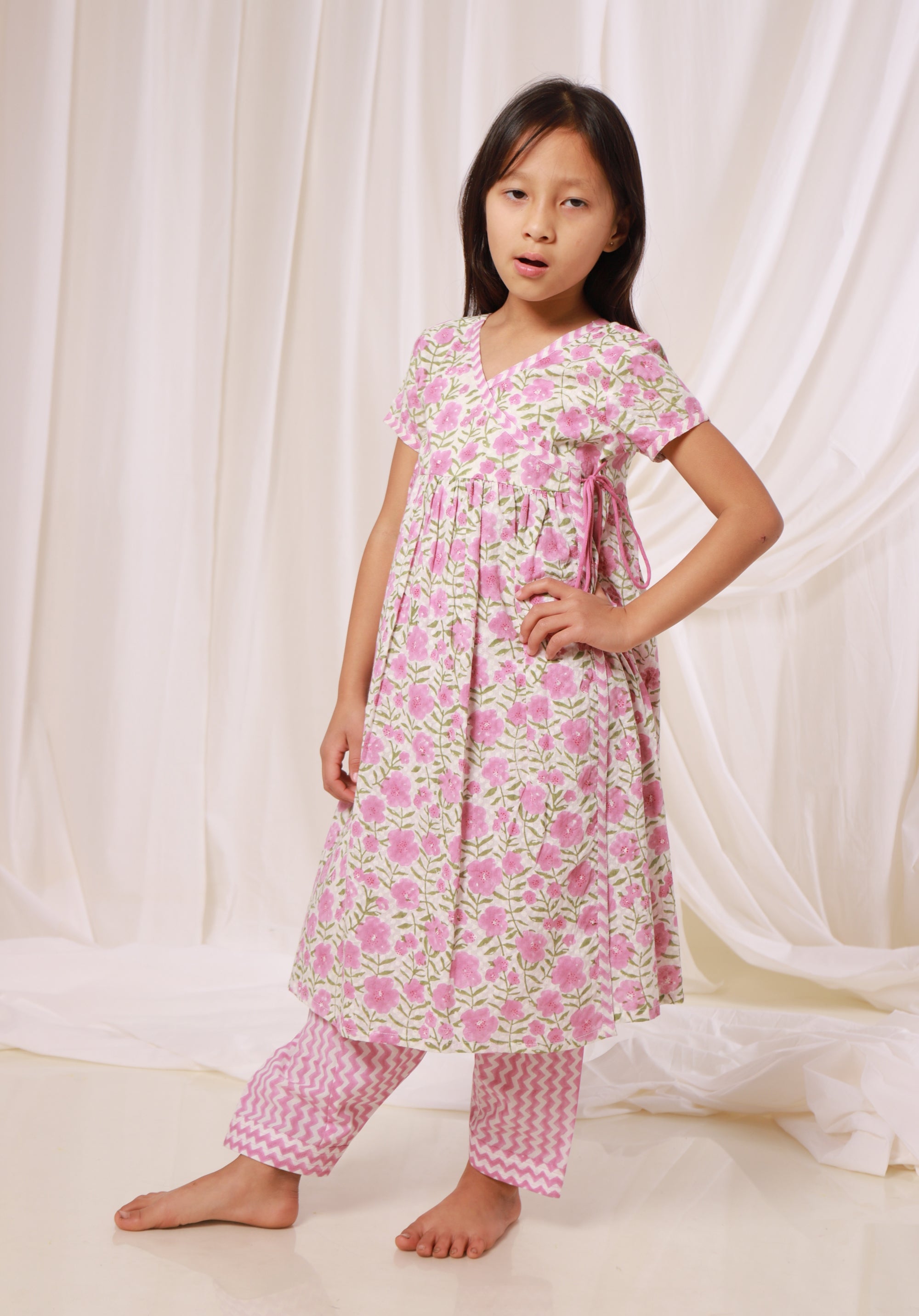 Girls Printed Kurta Set Floral Pink