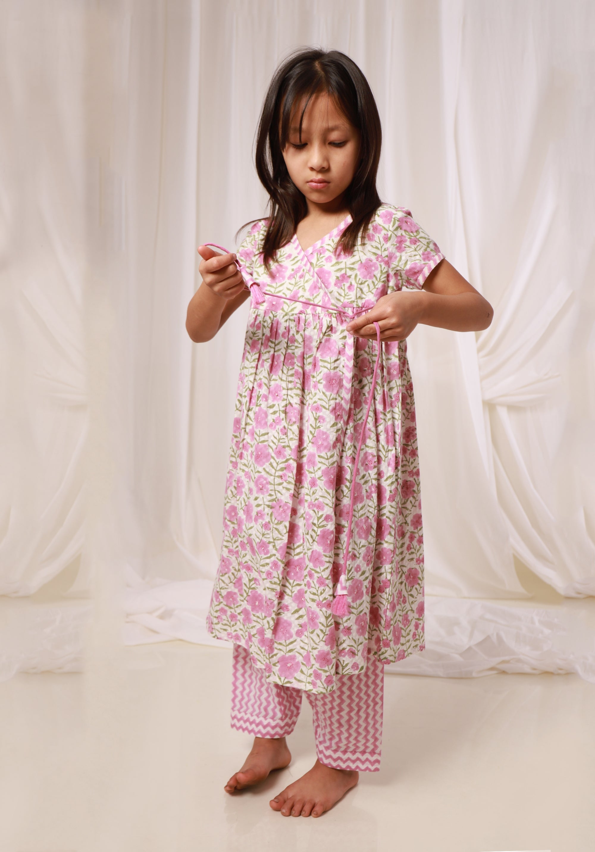 Girls Printed Kurta Set Floral Pink